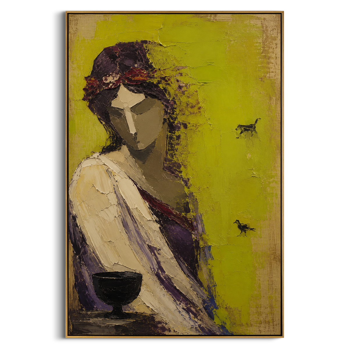 A woman holds a black cup while small dark signs cross the green wall. The painting reads like an oracle moment, quiet on the surface and crowded with meaning underneath.