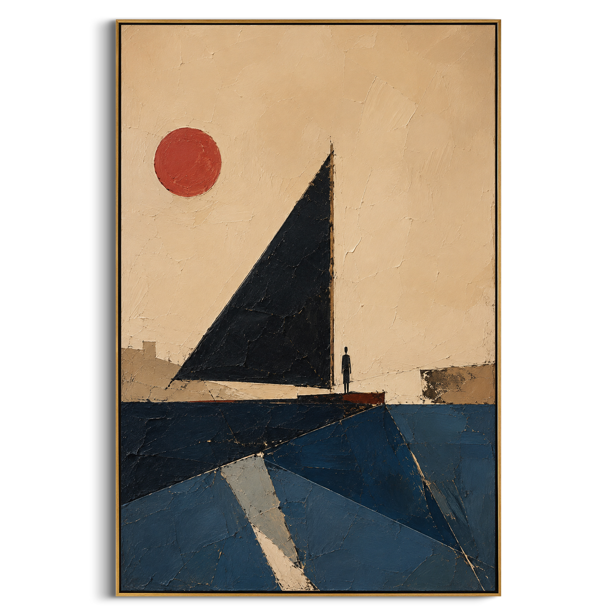 A black sail rises beneath a small red sun, with one figure standing still at the mast. The spare scene makes the voyage feel reduced to will, water, and direction.