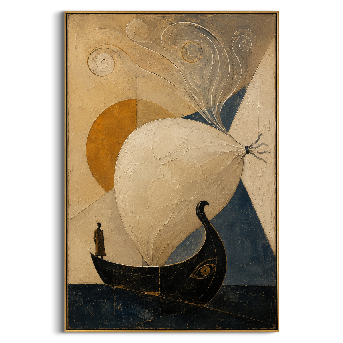 A single eye is carved into the cliff as a small boat crosses the blue water below. The orange sky makes the escape feel exposed, watched from stone and sun.