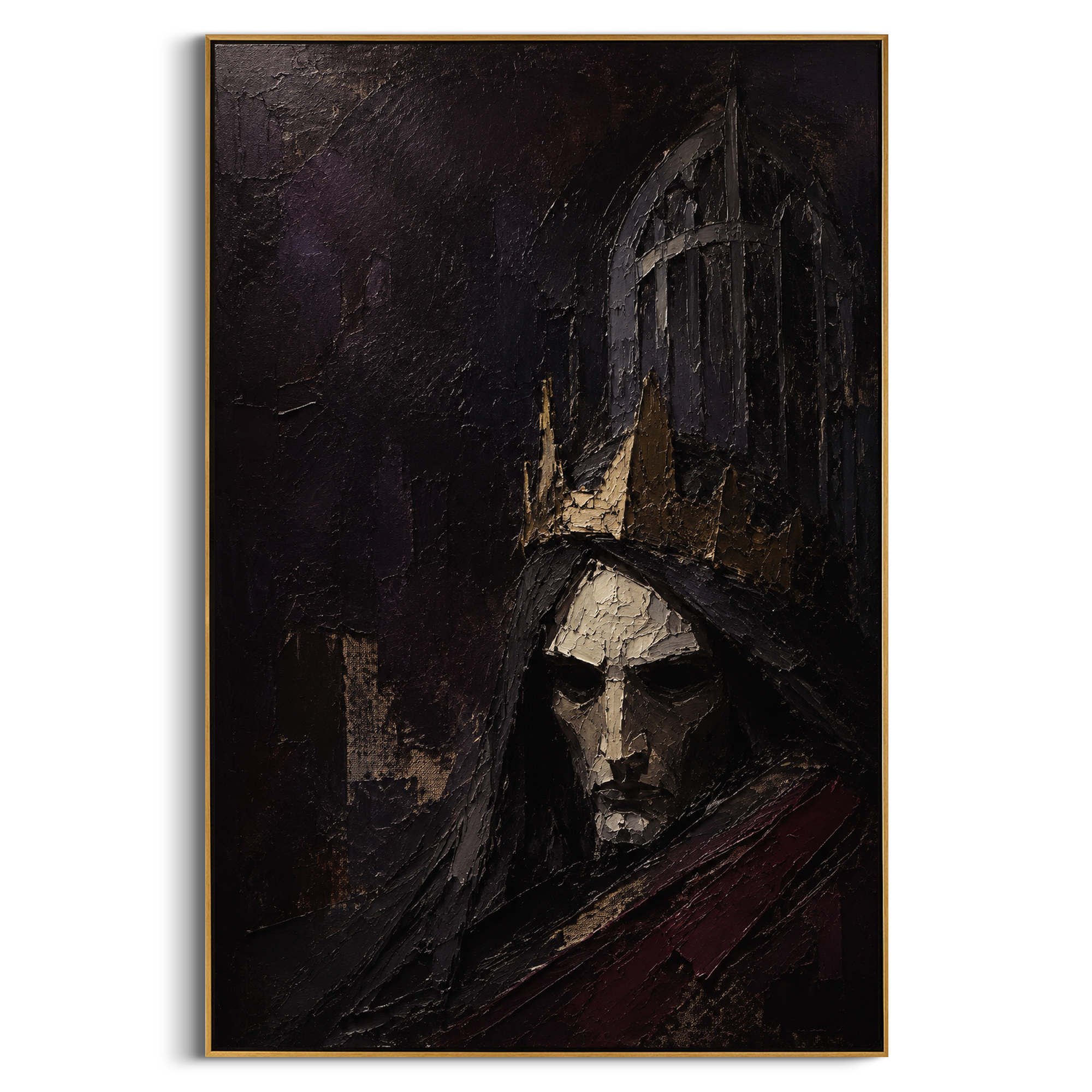 A pale face waits beneath the heavy crown, half swallowed by the dark gate behind it. The red cloak suggests underworld authority, solemn, patient, and impossible to avoid.