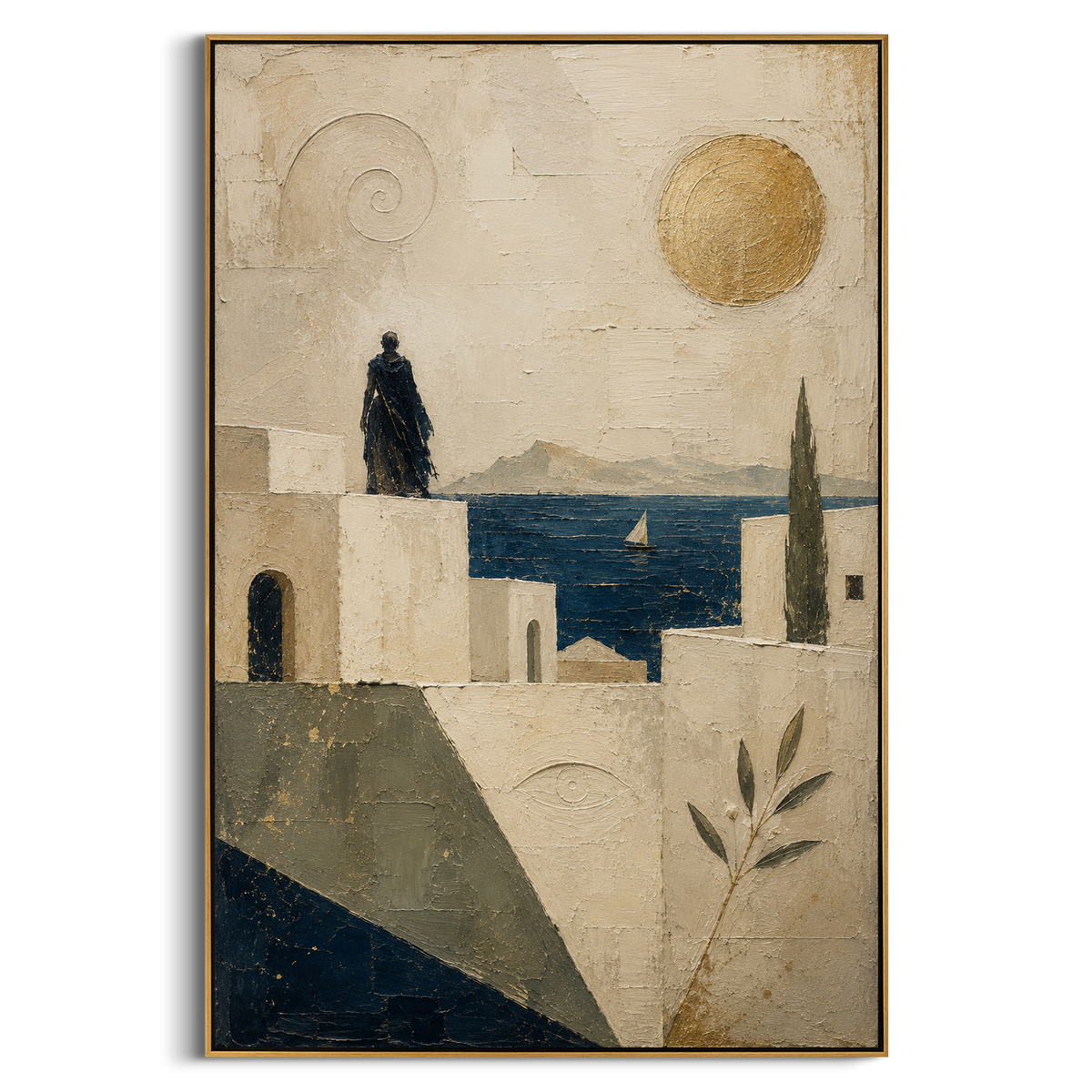 A dark figure stands above the white city, measuring the sea where a small sail moves under the gold sun. The rooftops become a threshold between longing and the horizon.