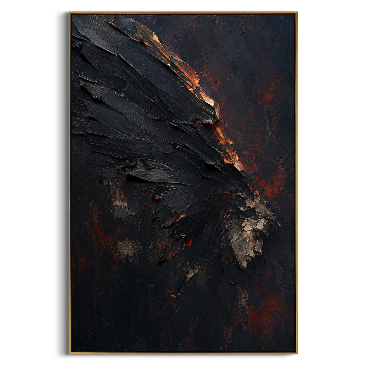 A black wing drops across the red-dark field, its edges lit as if it has just crossed fire. The image carries the fall of Icarus as a stark fragment rather than a full body.