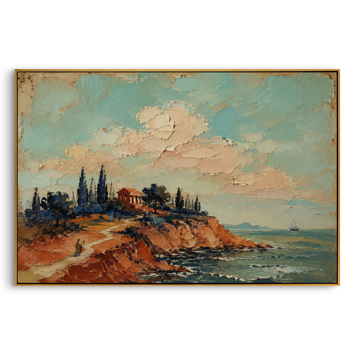 A small traveler walks the red coast while the temple watches from the ridge and a ship waits offshore. The scene feels like the pause before departure, when land still has a voice.