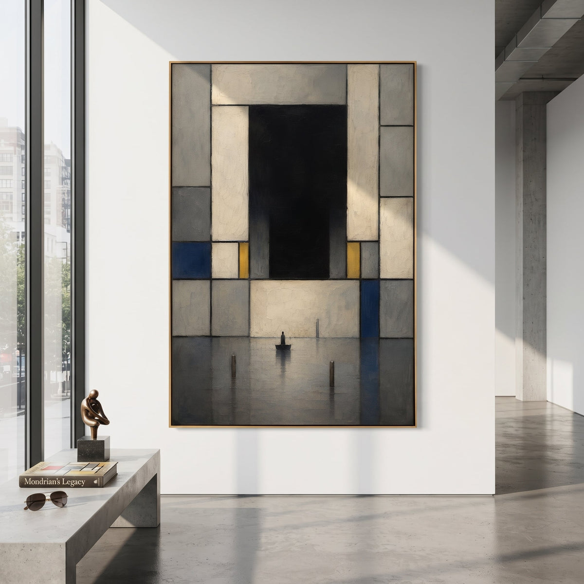 A lone boat stops before a black gate so large it silences the water around it. The still geometry turns arrival into a question the figure cannot avoid.