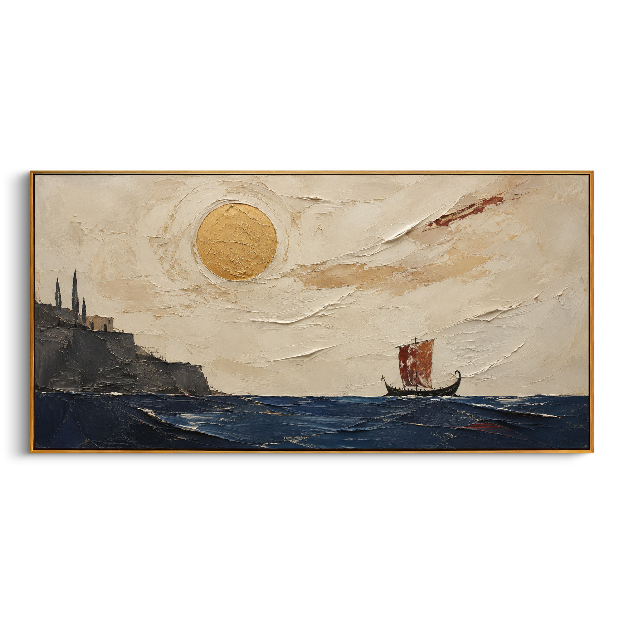 The red sail moves away from the dark cape beneath a round gold sun. Wind streaks across the pale sky, making the journey feel chosen but not yet blessed.