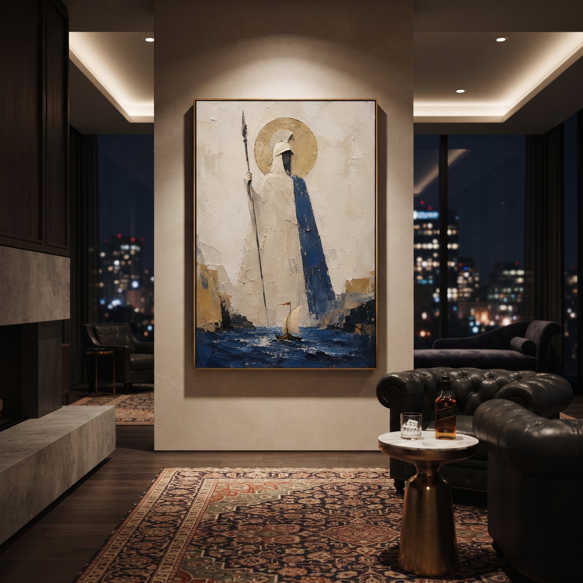 Athena stands above the channel with spear in hand while the small sail moves through the blue below. The gold circle behind her makes protection feel watchful, formal, and immense.