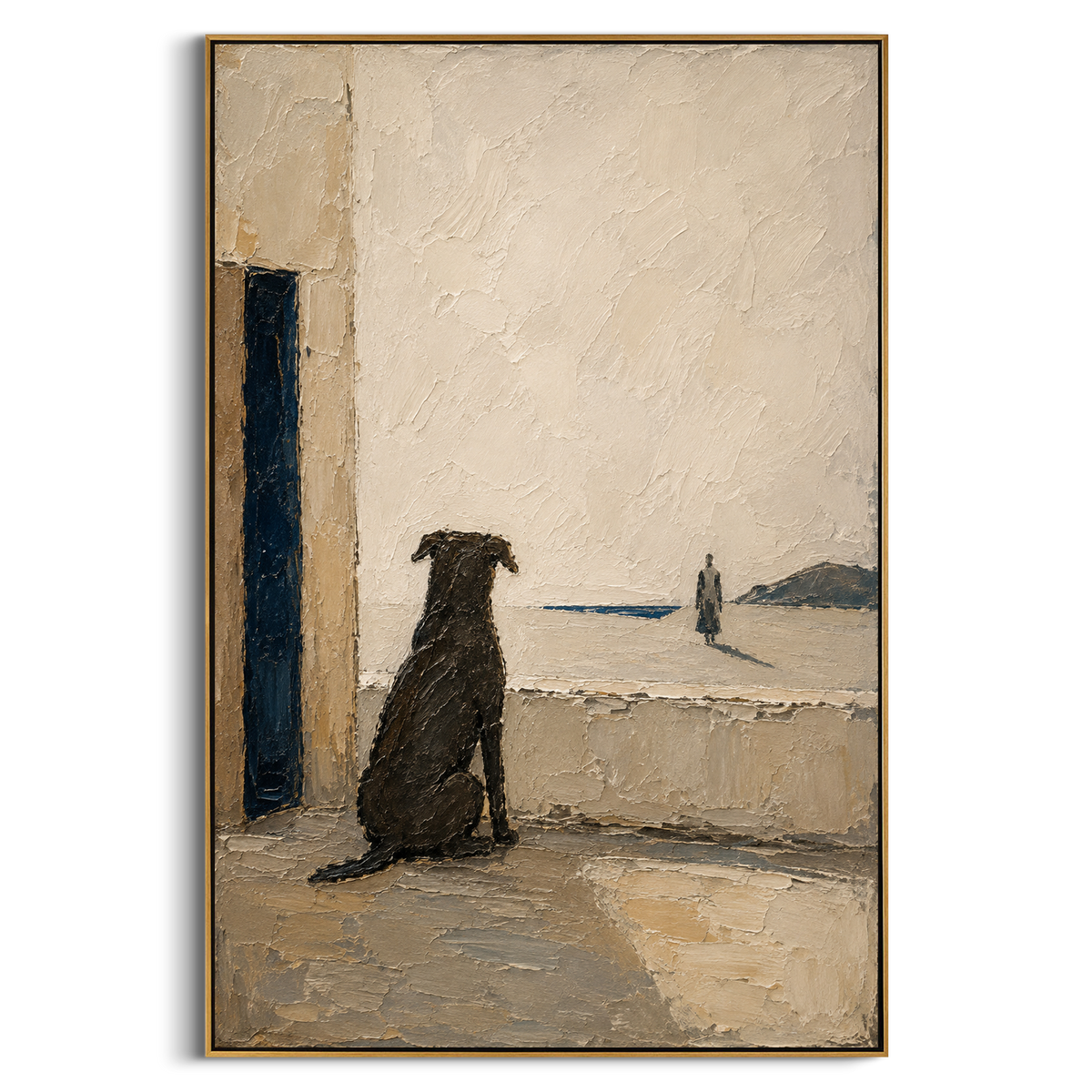 The dog waits by the doorway while a distant figure crosses the pale edge of the sea. The quiet distance turns loyalty into the real subject of the journey home.