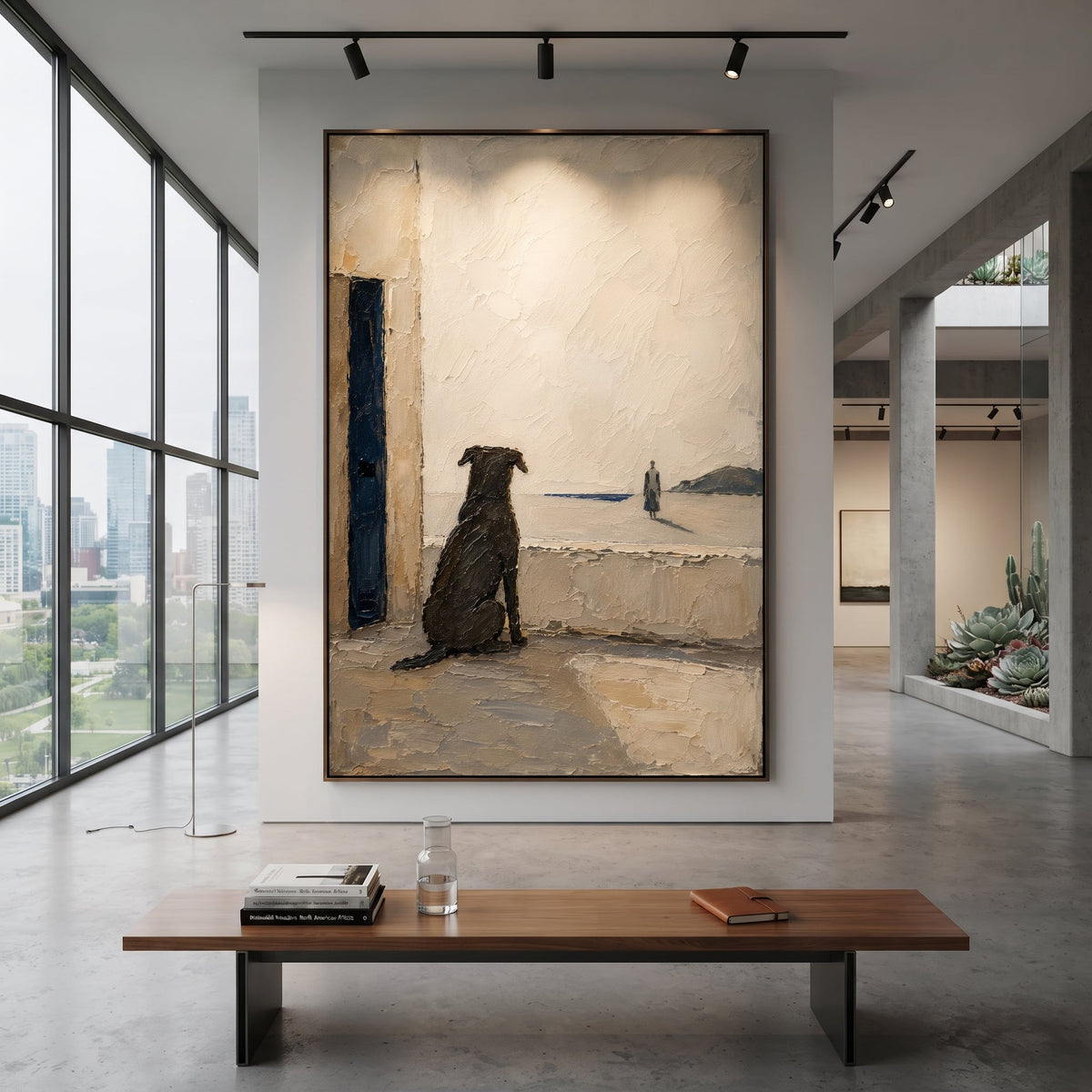 The dog waits by the doorway while a distant figure crosses the pale edge of the sea. The quiet distance turns loyalty into the real subject of the journey home.