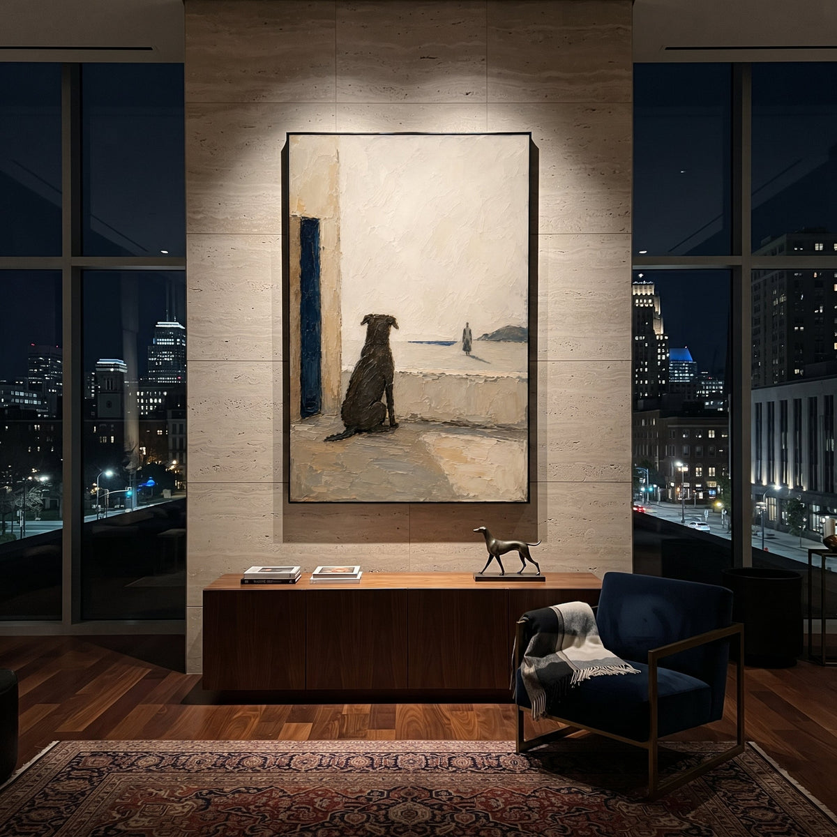 The dog waits by the doorway while a distant figure crosses the pale edge of the sea. The quiet distance turns loyalty into the real subject of the journey home.