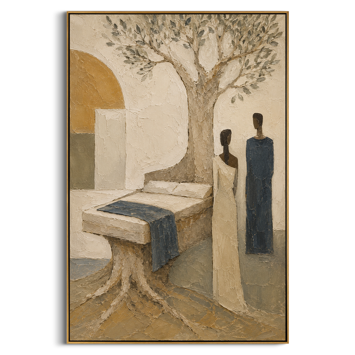 The bed grows from the olive tree, holding the room together like an old vow. Two figures stand beside it as if reunion depends on remembering what cannot be moved.