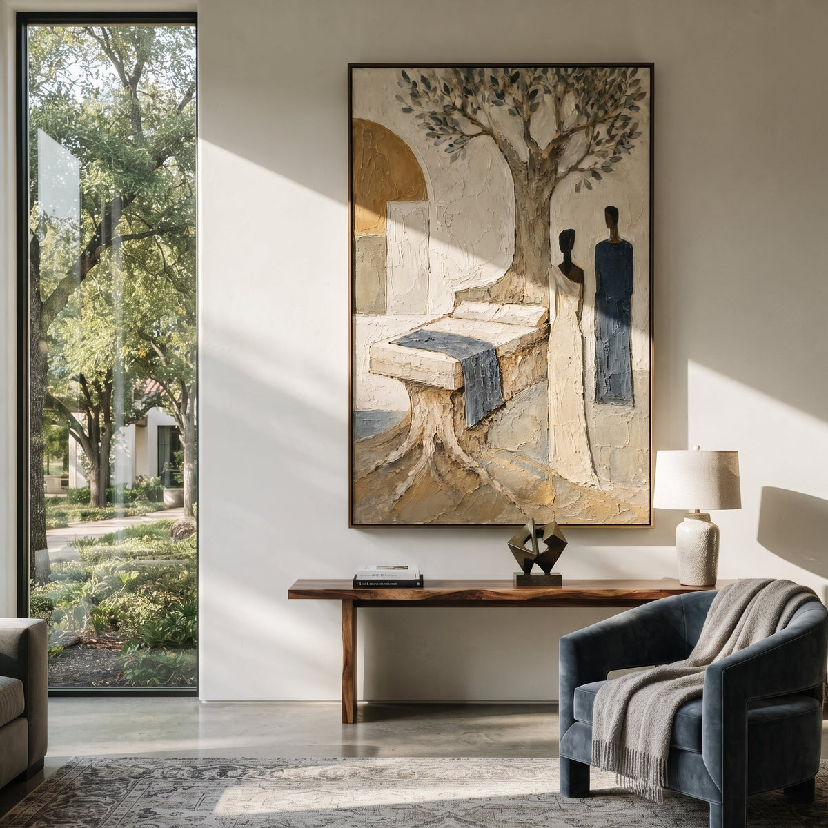The bed grows from the olive tree, holding the room together like an old vow. Two figures stand beside it as if reunion depends on remembering what cannot be moved.