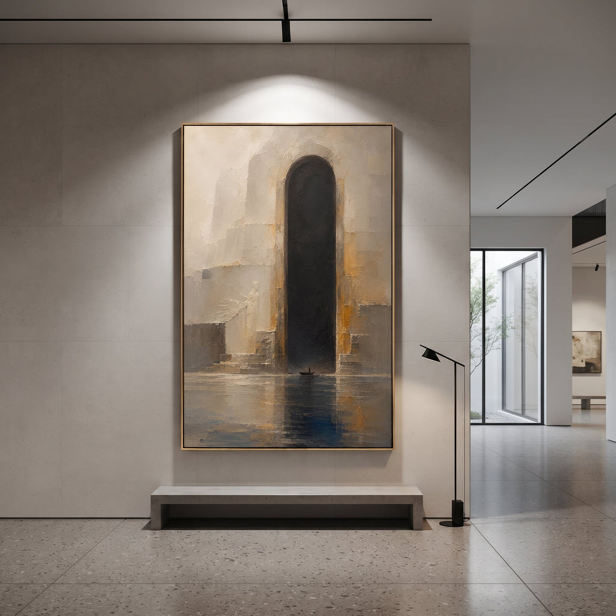 The ferryman rests before the tall black gate, dwarfed by the reflection and the pale stone around him. The crossing feels suspended at the threshold between breath and shadow.