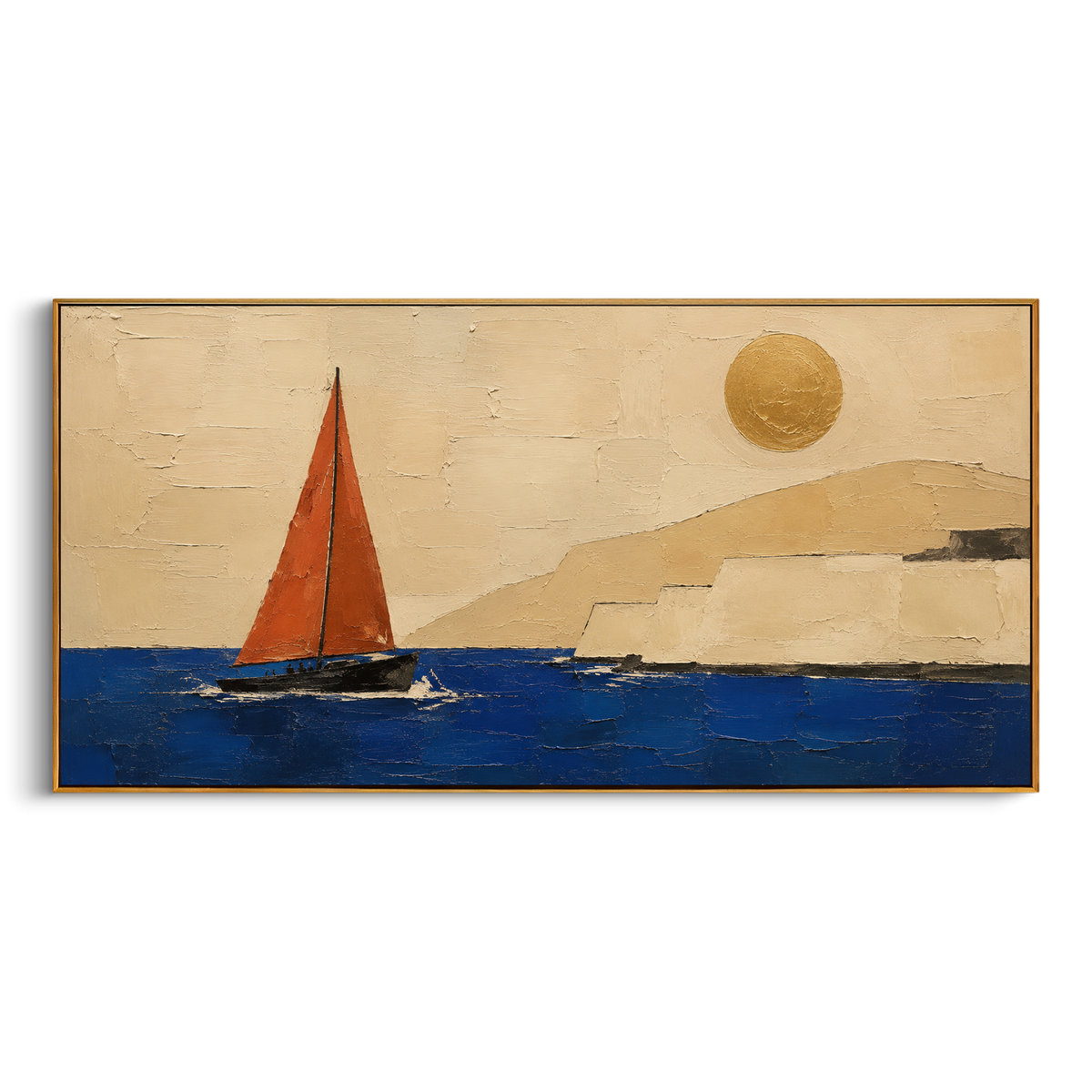 The white owl bends over the island like a sign in the night sky. Below, the small sailboat keeps moving, watched by Athena from wing, eye, and moonlit wall.