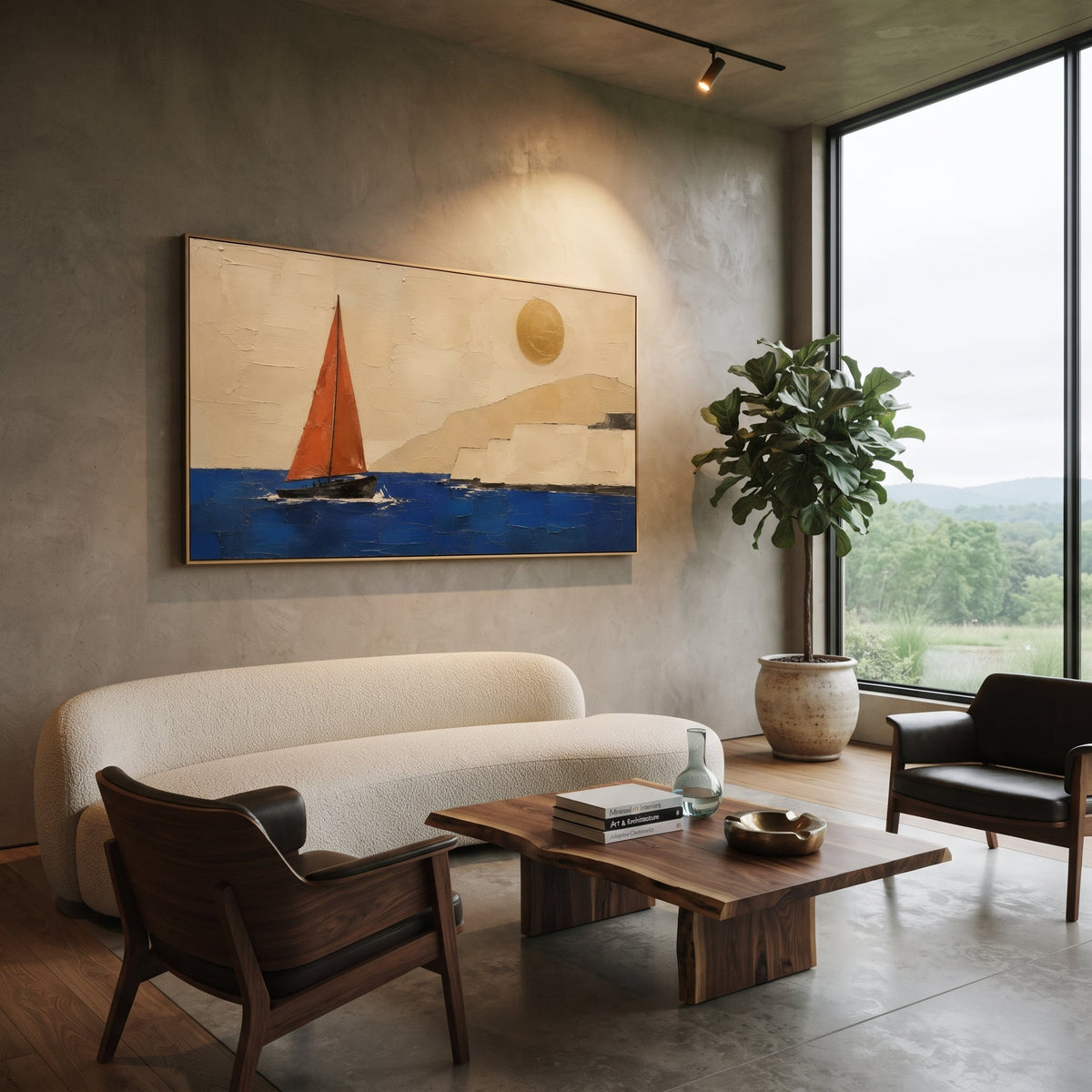 The white owl bends over the island like a sign in the night sky. Below, the small sailboat keeps moving, watched by Athena from wing, eye, and moonlit wall.