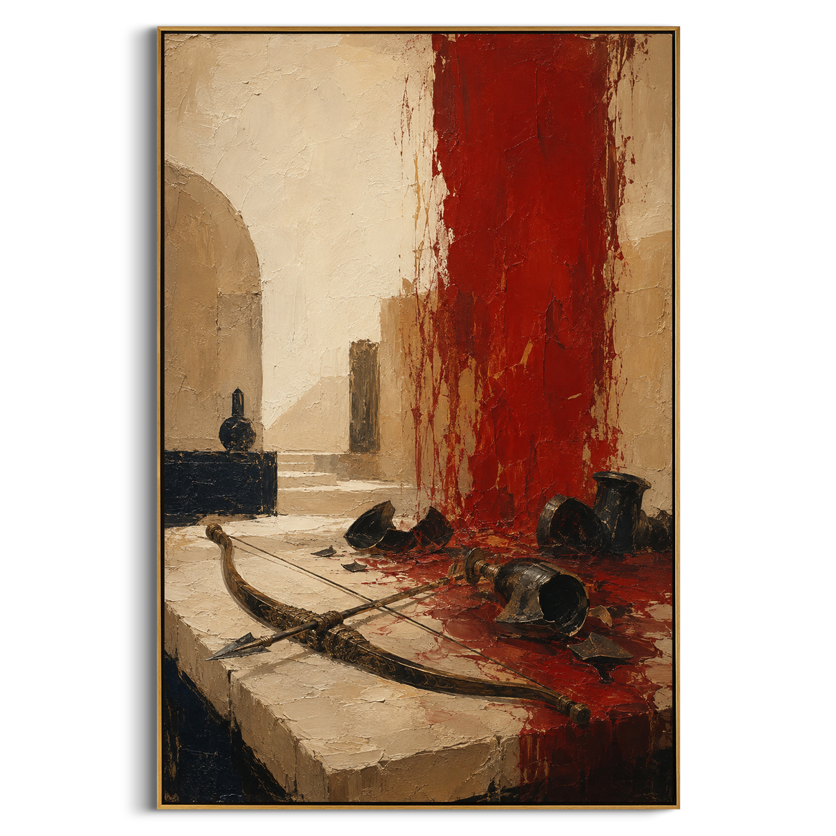 The bow rests across the stone floor while broken vessels scatter around the red wall. It feels like the hall after Odysseus has reclaimed his name, with victory shown through objects left behind.