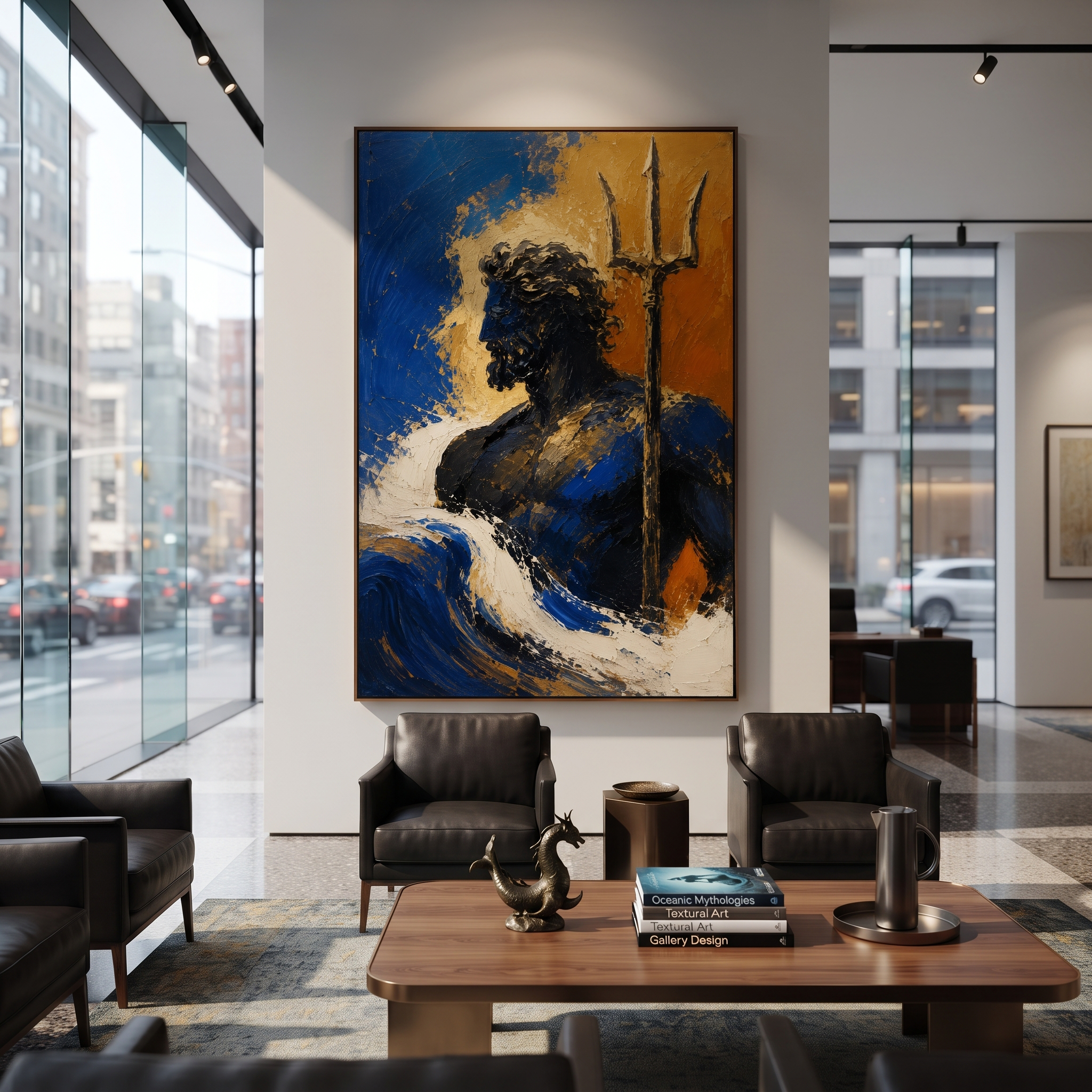 Poseidon rises from the blue foam with the trident held close, half shadow and half gold. The sea curls around him as if every wave has learned his shape.
