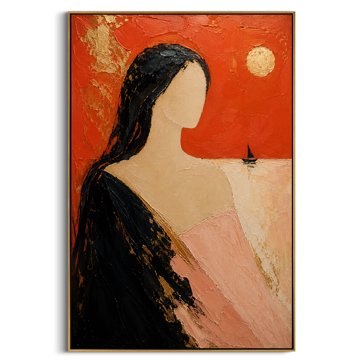 The woman turns toward the red sea where a tiny sail waits under the pale moon. Her blank face gives the scene the feeling of a remembered farewell, vivid but unreadable.