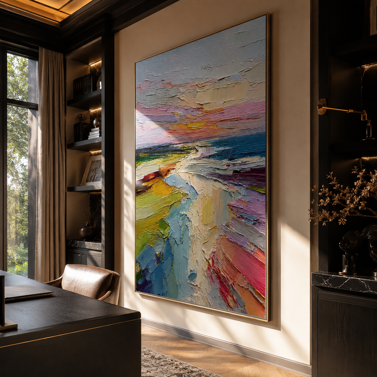 Where Sky Meets Shore – pastel sunset coastal cliff painting above an office desk
