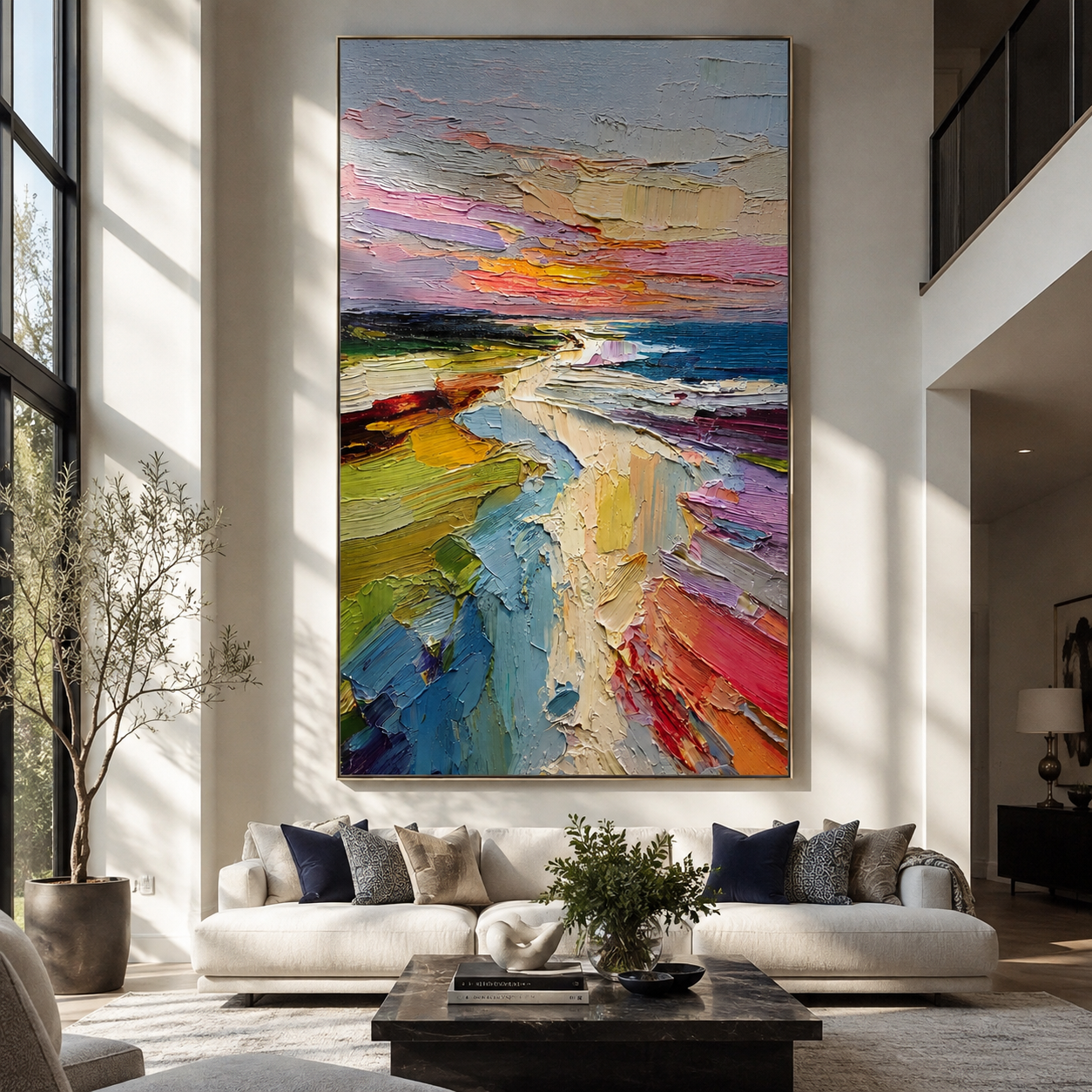 Textured vertical coastal cliff painting displayed above a console table