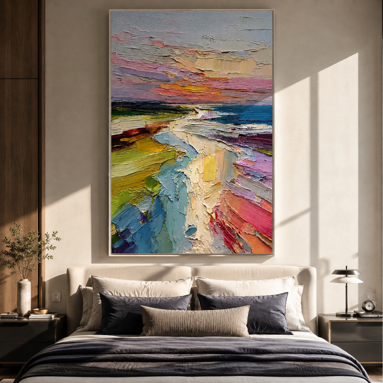 Pink and gold sunset coastal canvas hung above a bed in a bedroom