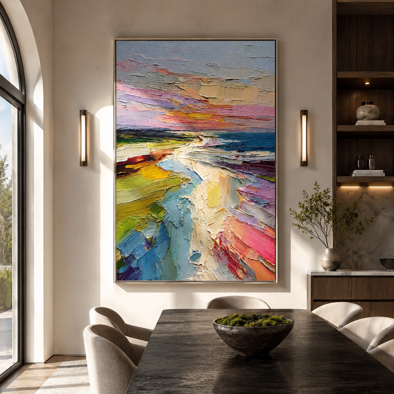 Vertical pastel coastal path painting displayed above a sofa in a living room