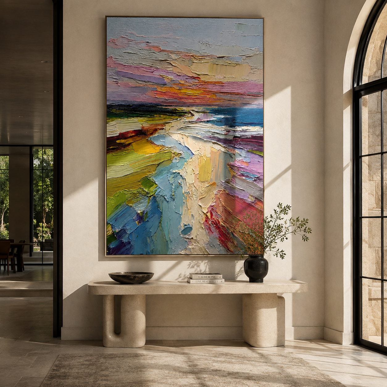 Textured sunset cliff canvas above a sideboard in an entryway