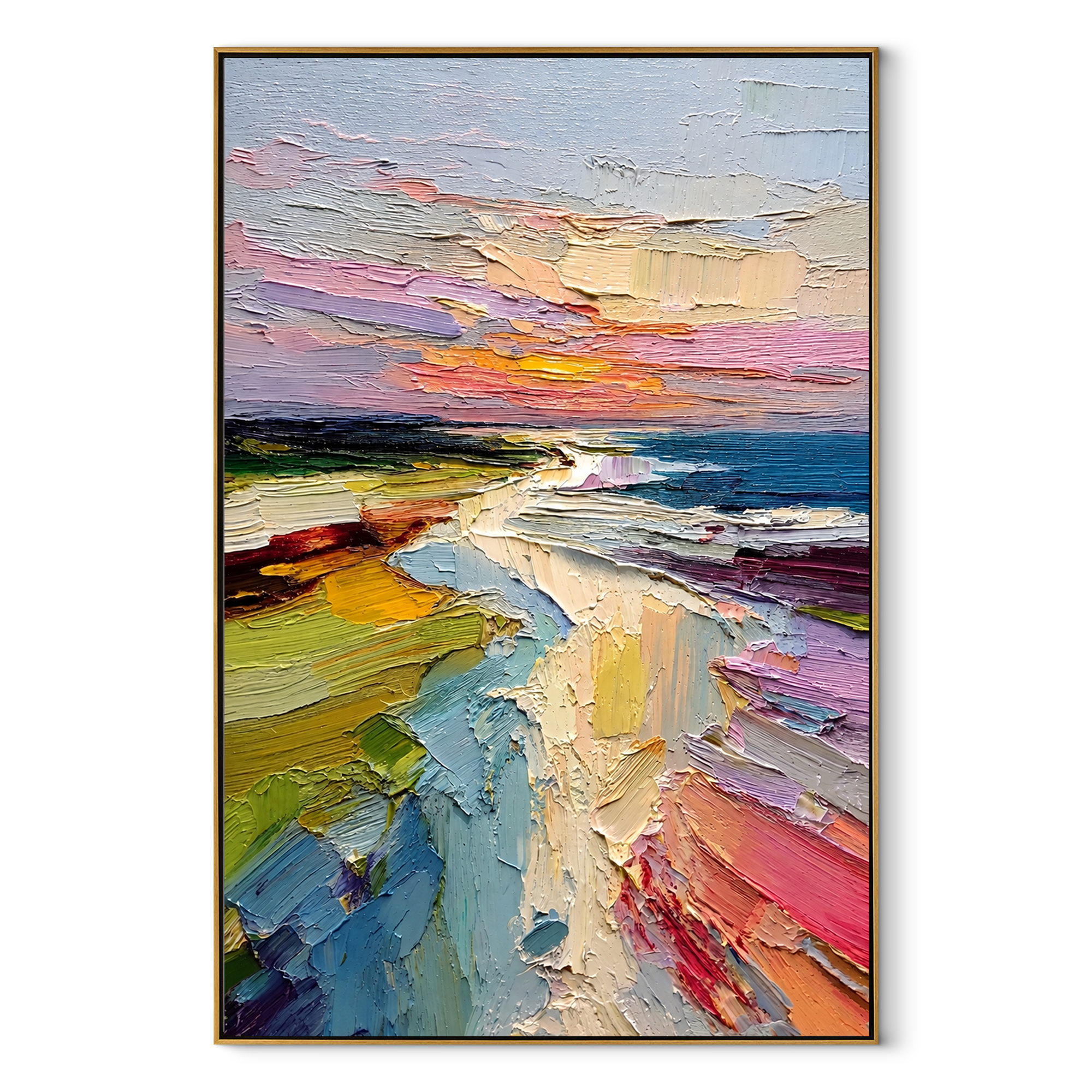 Where Sky Meets Shore framed in wood, pastel sunset coastal canvas on white background