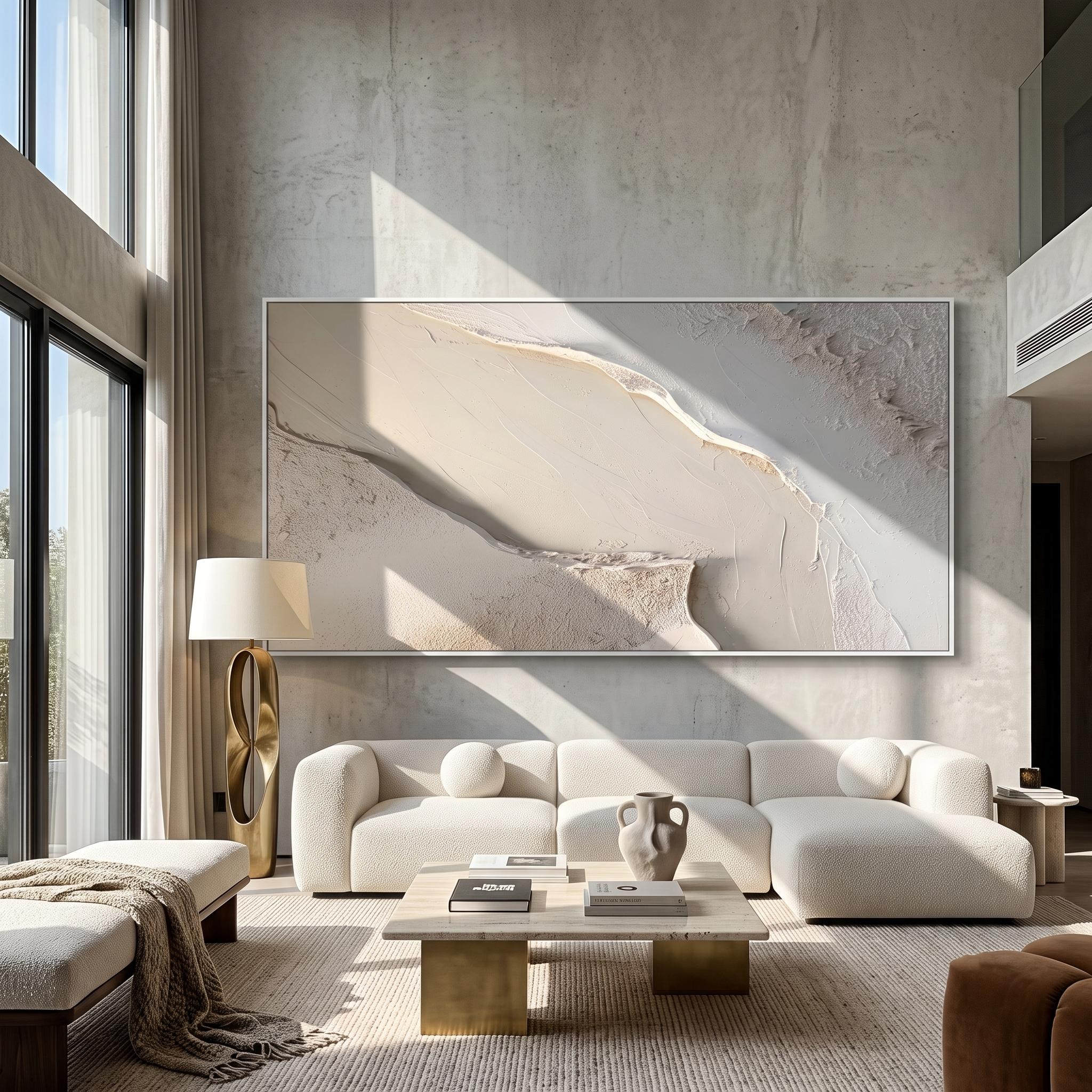 Sand Rift – Ivory & Beige Plaster Texture Painting | Minimalist Wabi-Sabi Panoramic Wall Art