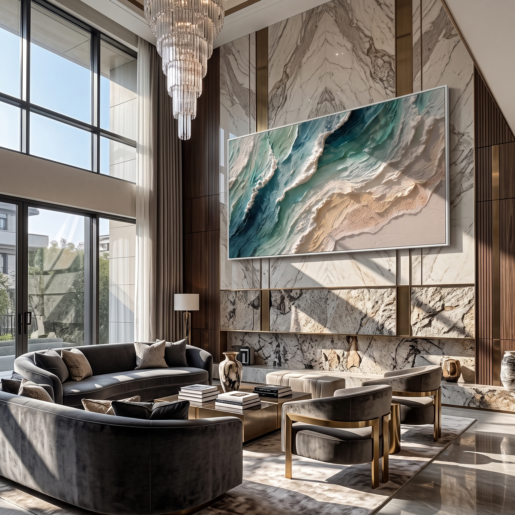 Shoreline Surge – Teal & Ivory Ocean Wave Painting | Coastal Abstract Panoramic Wall Art
