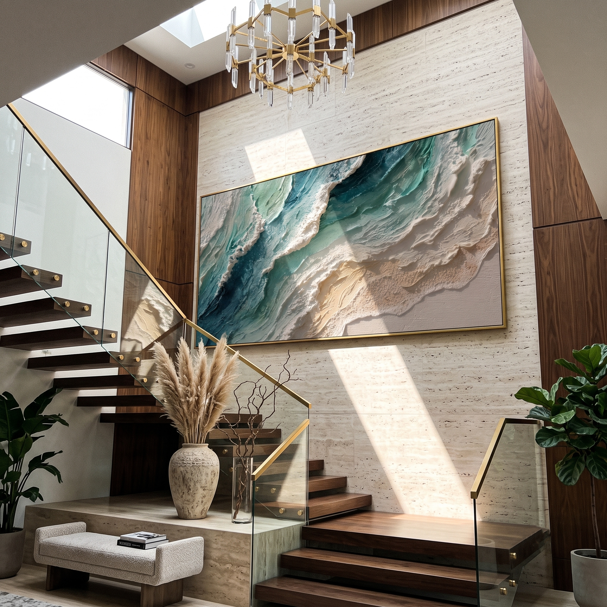 Shoreline Surge – Teal & Ivory Ocean Wave Painting | Coastal Abstract Panoramic Wall Art