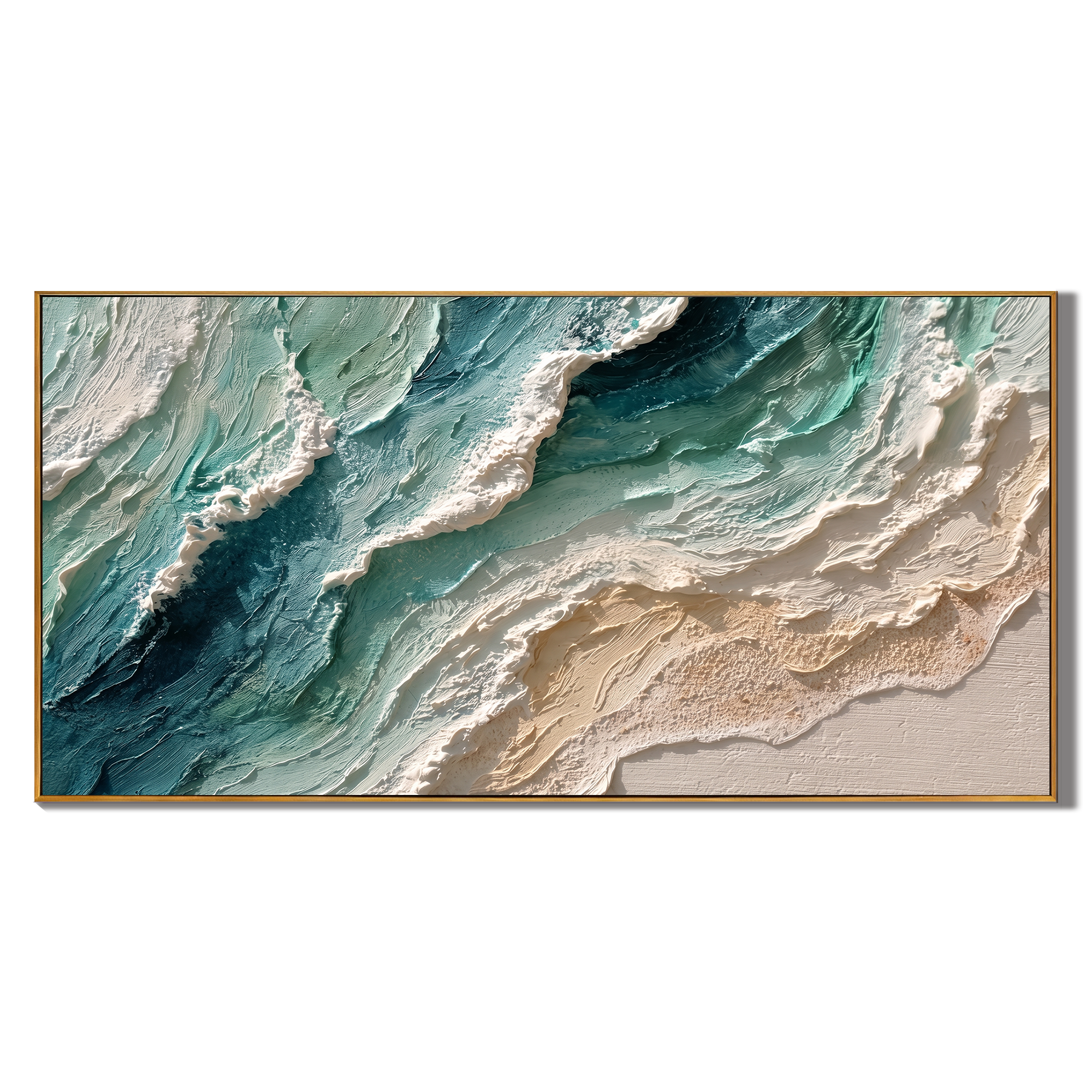 Shoreline Surge – Teal & Ivory Ocean Wave Painting | Coastal Abstract Panoramic Wall Art