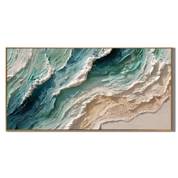 Shoreline Surge – Teal & Ivory Ocean Wave Painting | Coastal Abstract Panoramic Wall Art