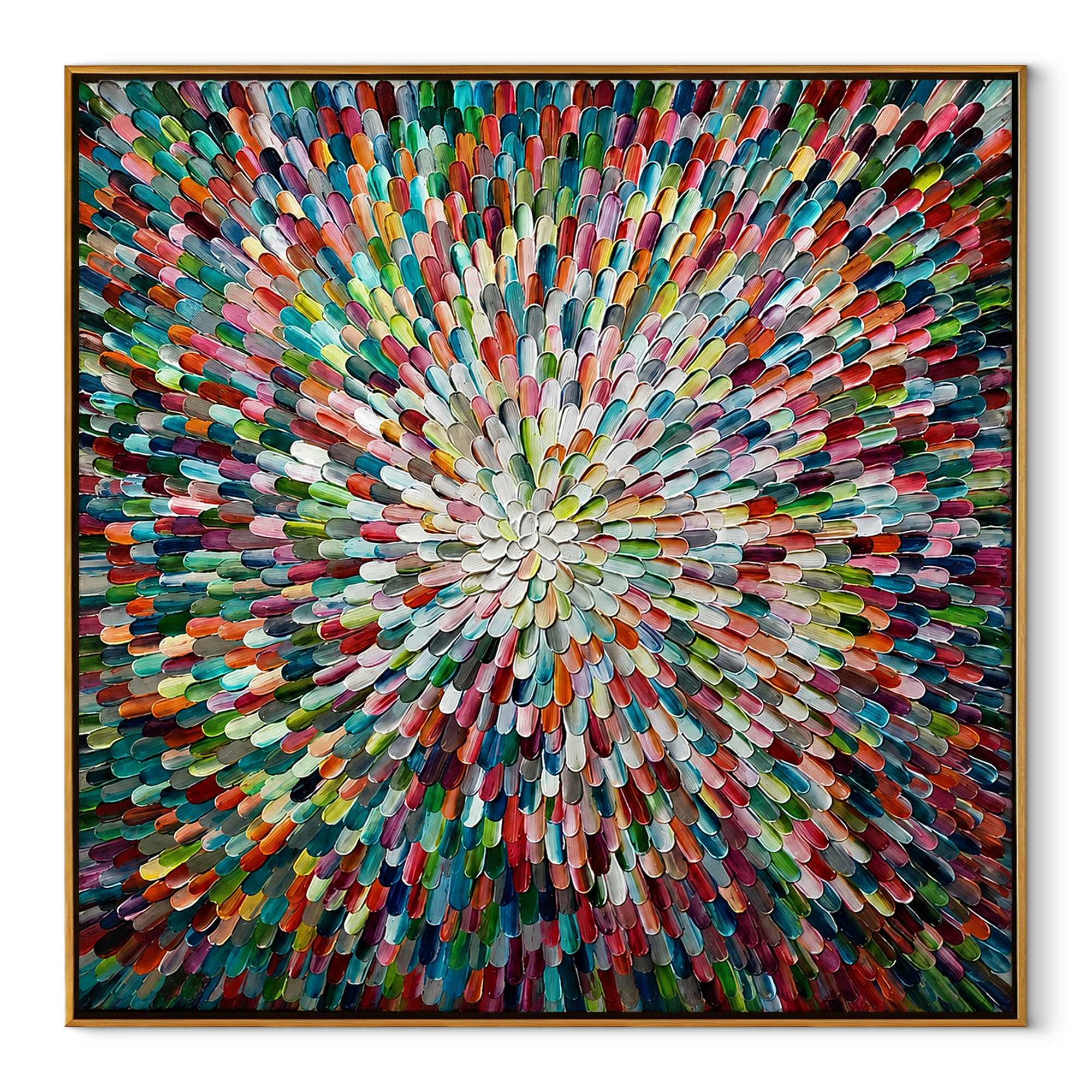 Kaleidoscope in Bloom framed in wood, colorful radial burst canvas on white background