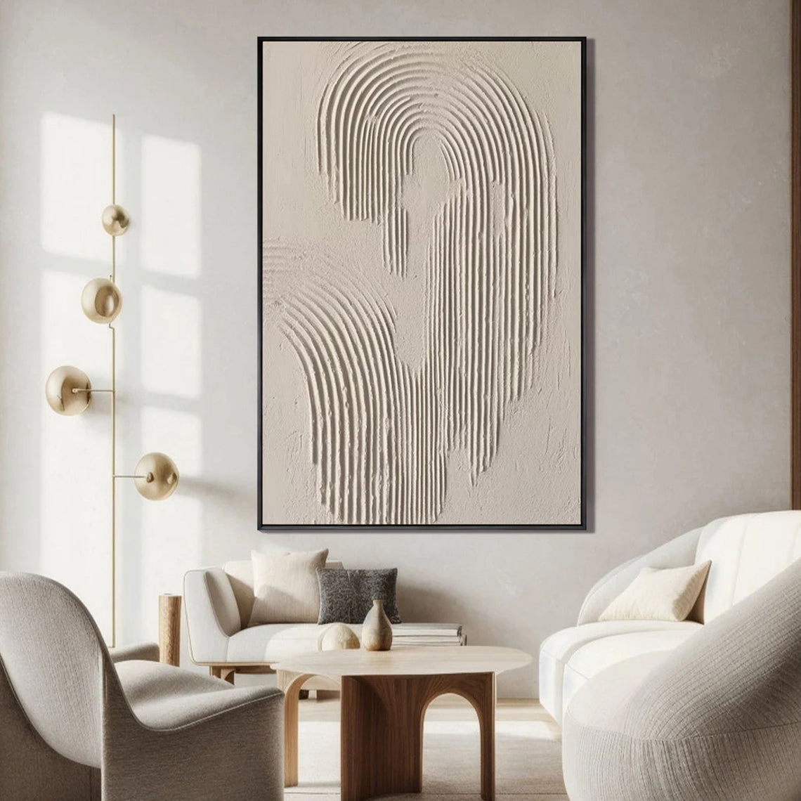 Ripple Echo – Hand-Painted Neutral Sand Plaster Effect Arch Ripple Relief Wabi-Sabi Painting | Japandi Organic Wabi-Sabi Living Room & Hallway Art