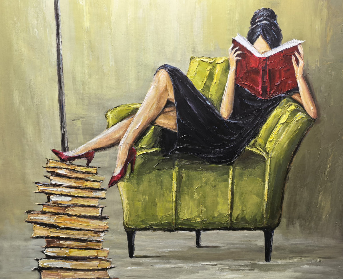 Quiet Hour – Emerald Velvet Reading Nook Painting | Elegant Interior Living Room Art