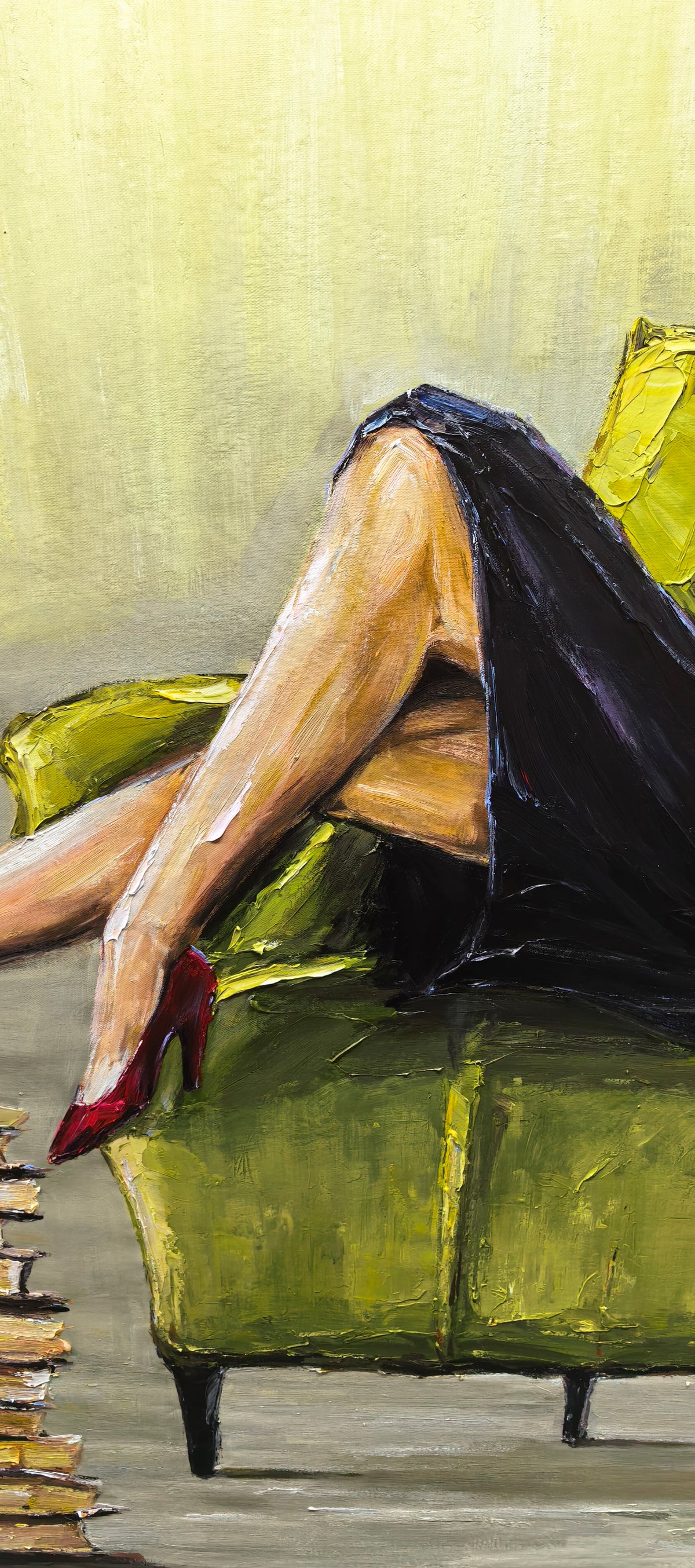 Quiet Hour – Emerald Velvet Reading Nook Painting | Elegant Interior Living Room Art