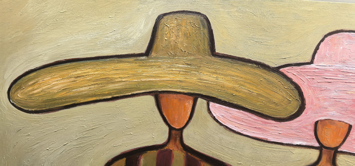 Sage & Rose – Vintage Americana Two Figures in Sombreros Painting | Colorful Folk Art Living Room Art