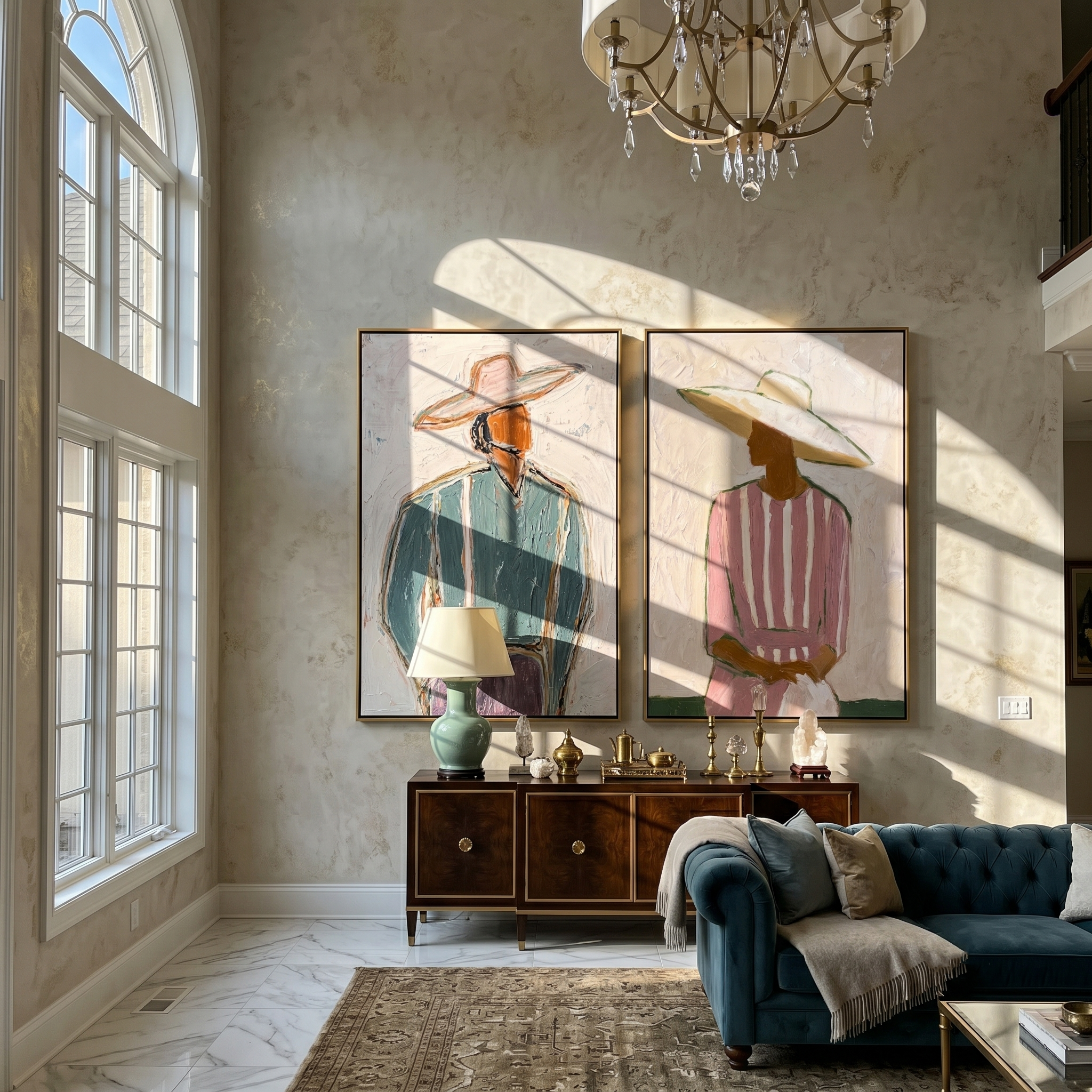 The Garden Party Diptych painting in a room setting