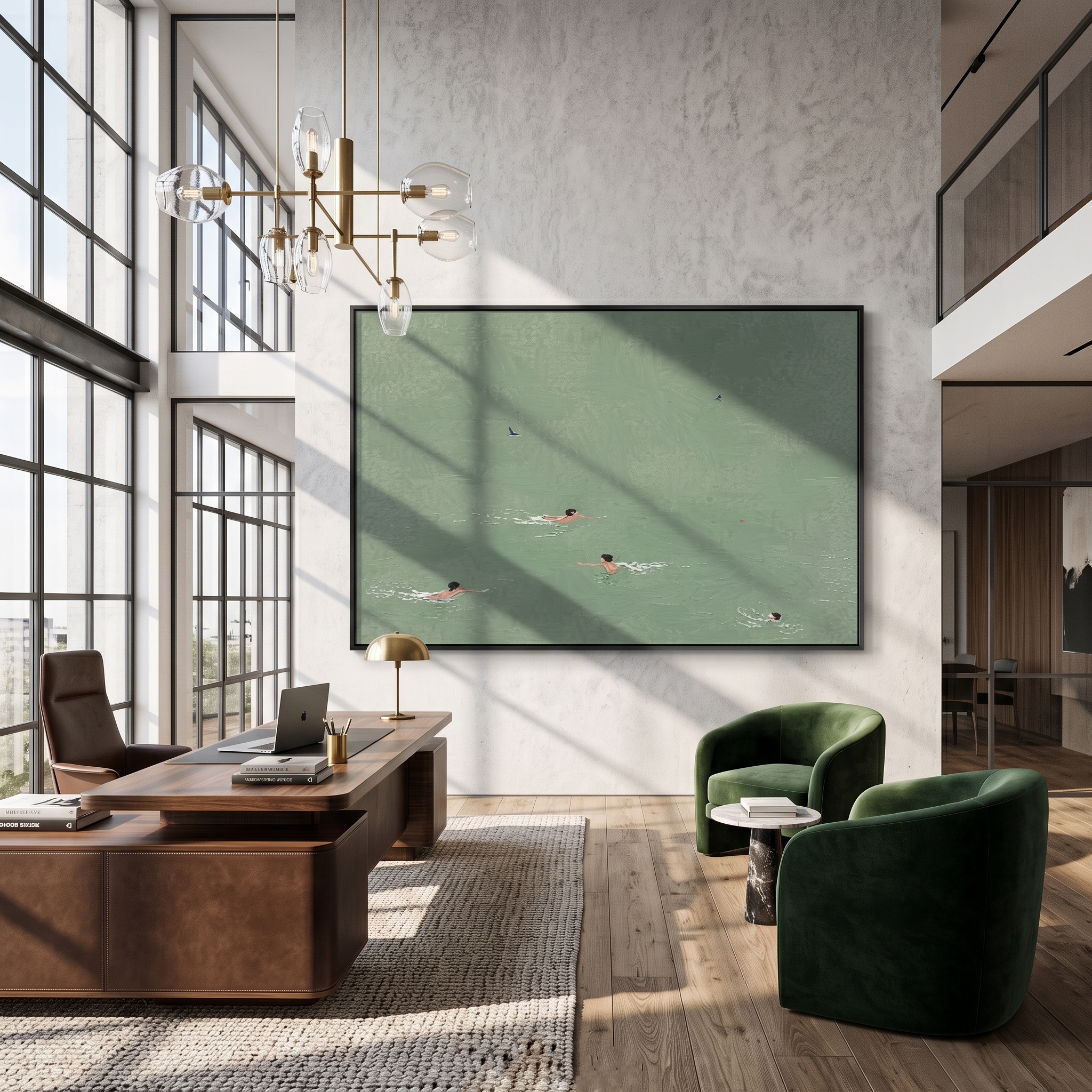 Lane Leader – Minimalist Swimming Pool Azure Sport Painting | Contemporary Square Living Room Art