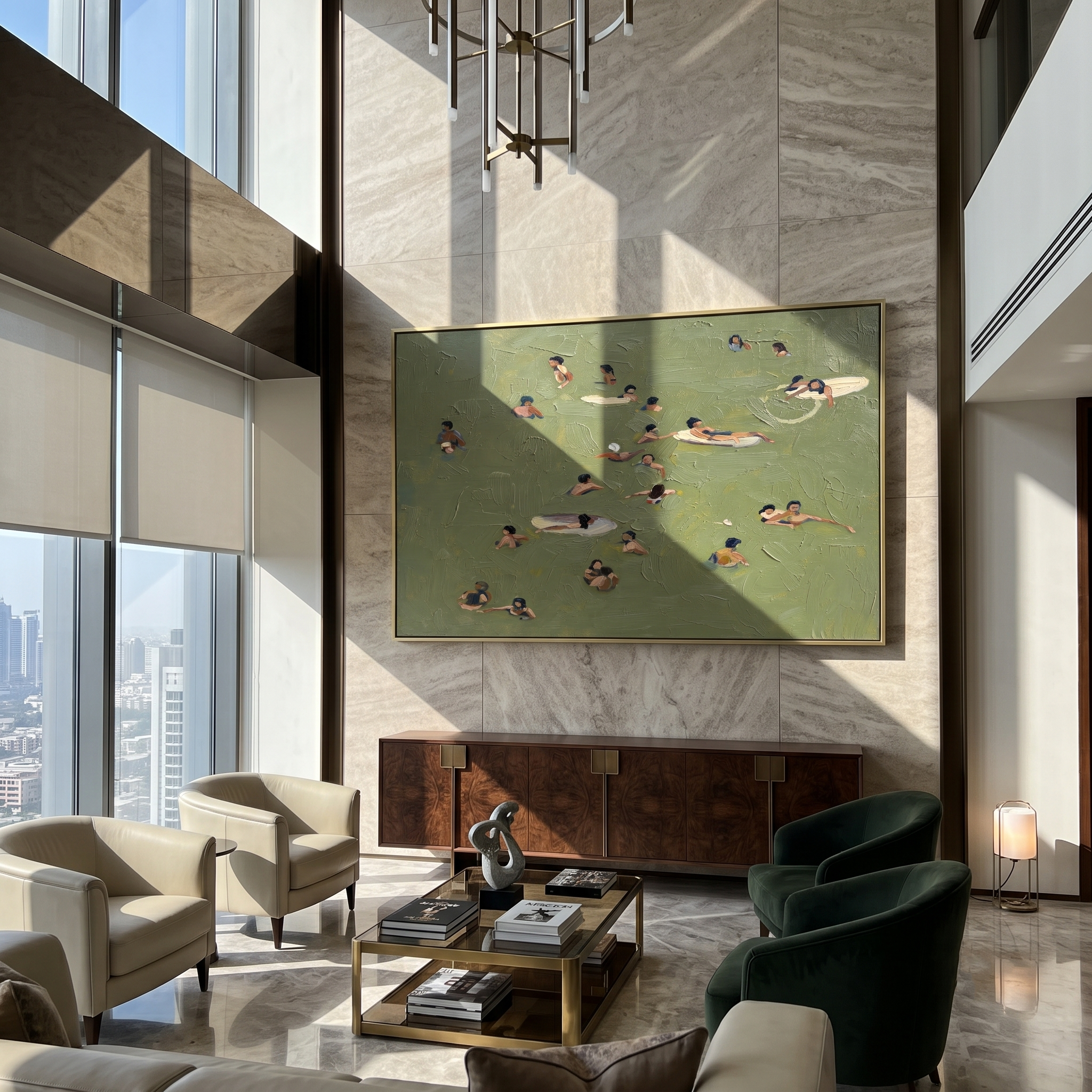 Open Water – Minimalist Swimming Scene Textured Sport Painting | Contemporary Square Living Room Art
