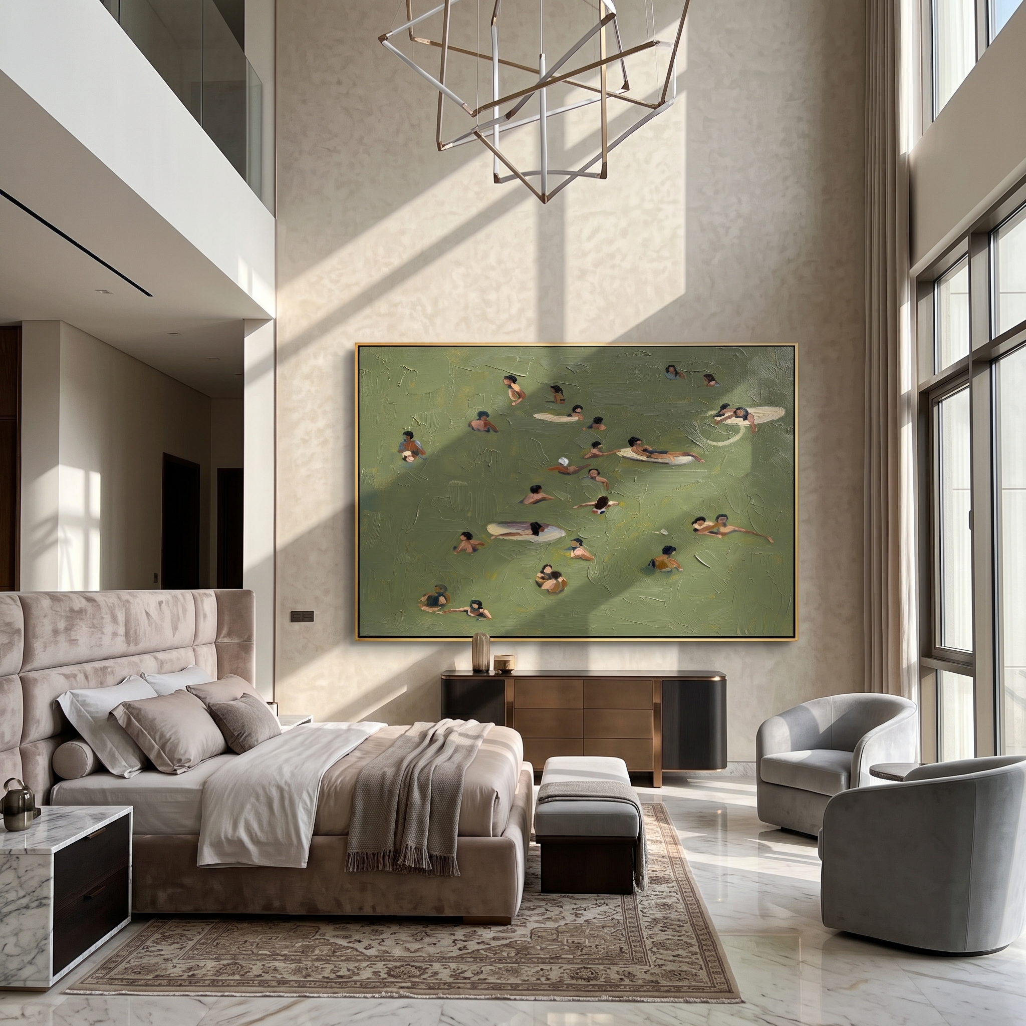 Open Water – Minimalist Swimming Scene Textured Sport Painting | Contemporary Square Living Room Art
