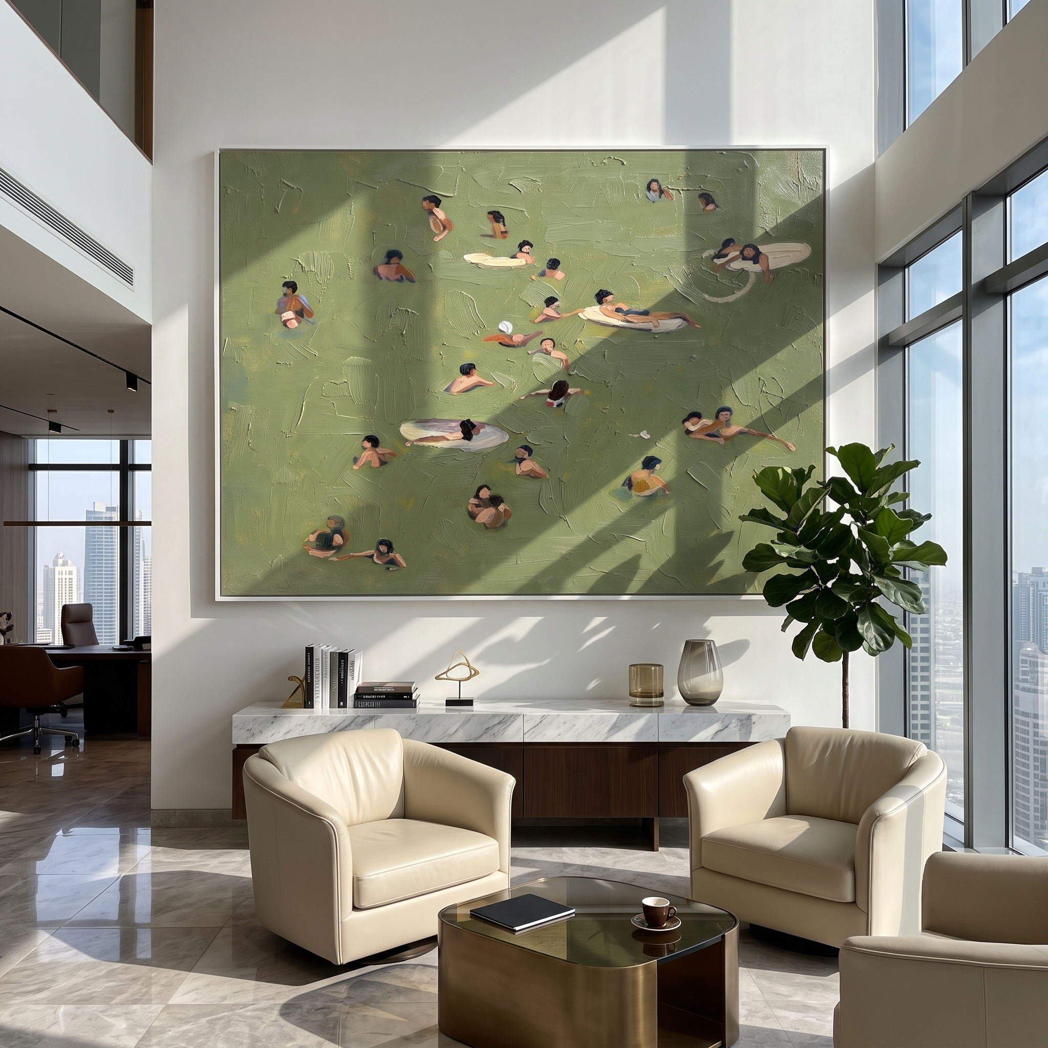 Open Water – Minimalist Swimming Scene Textured Sport Painting | Contemporary Square Living Room Art