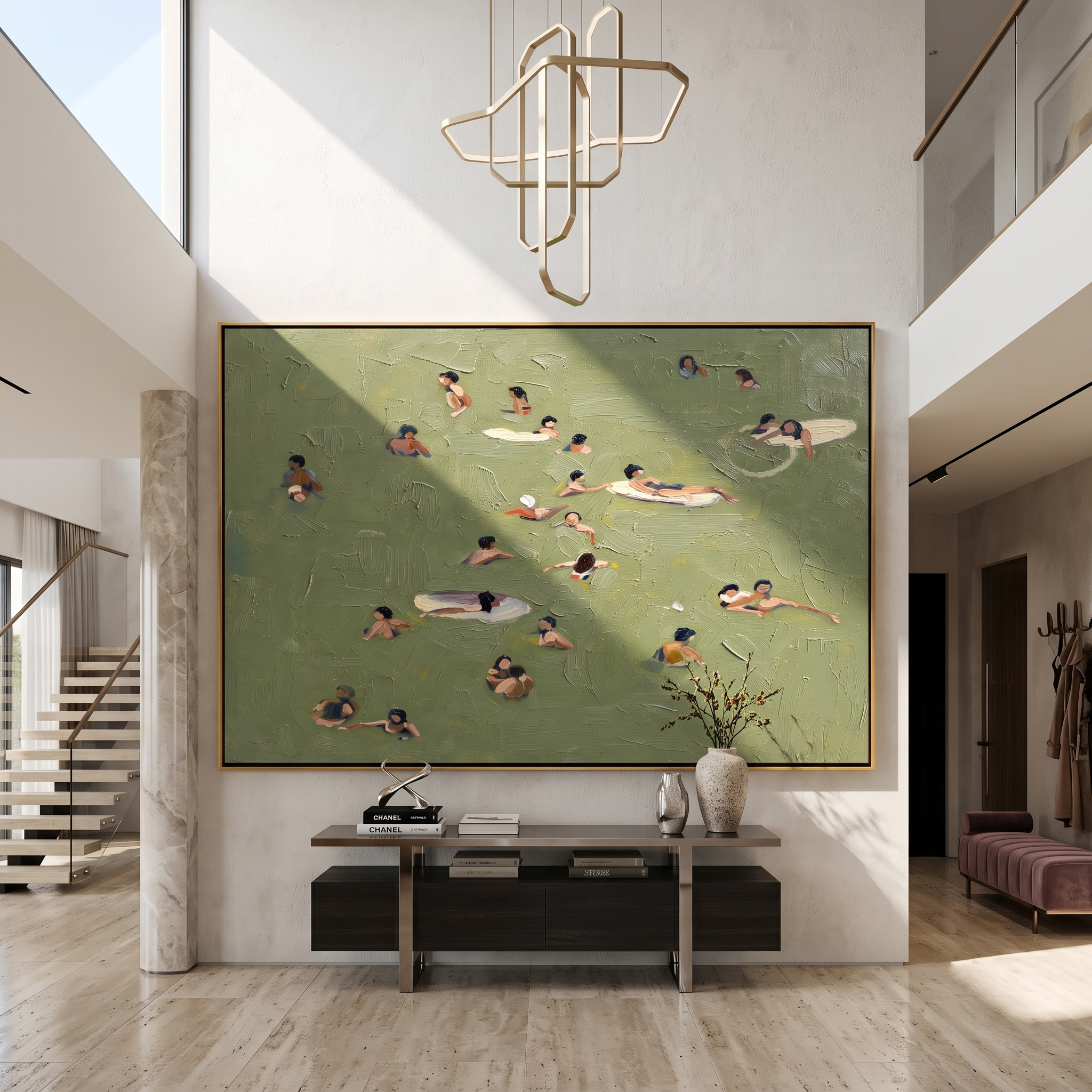 Open Water – Minimalist Swimming Scene Textured Sport Painting | Contemporary Square Living Room Art