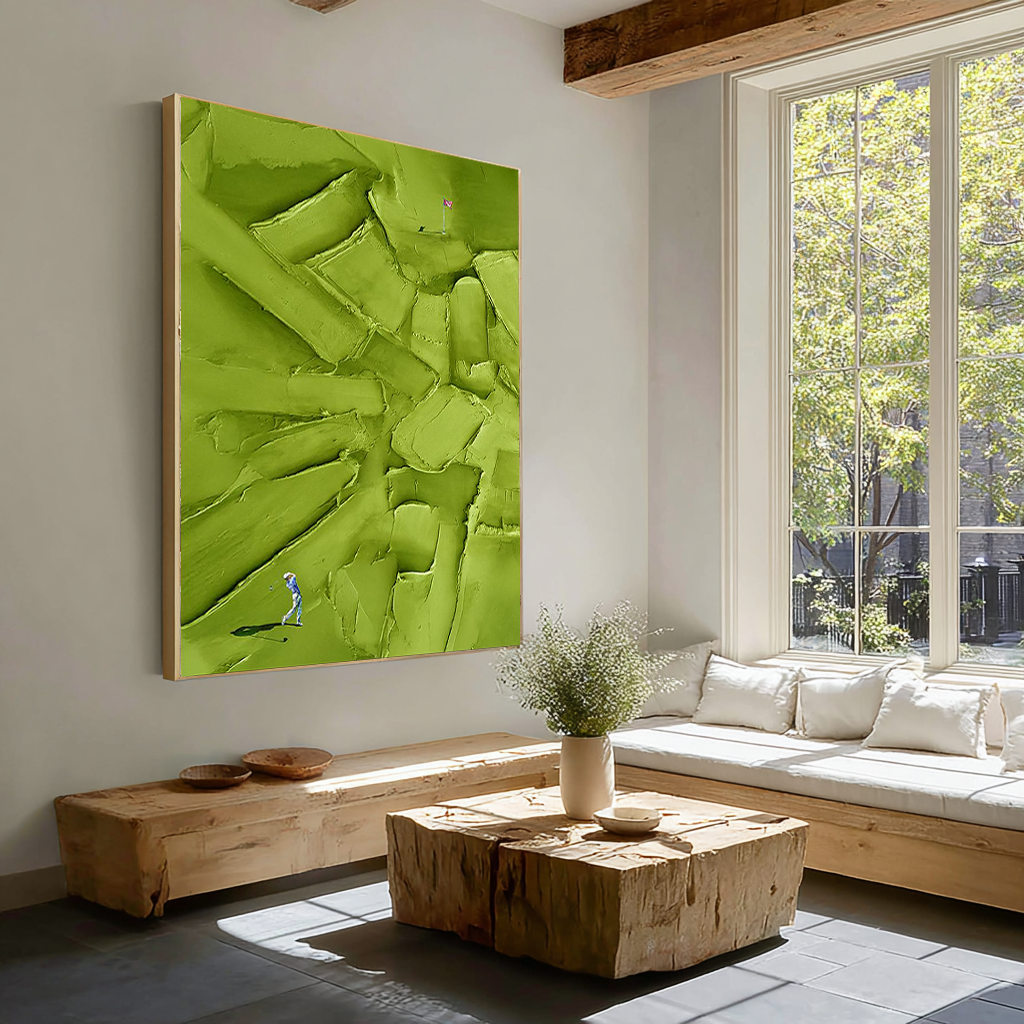 Creamy Green – Hand-Painted Olive Green 3D Heavy Texture Golf Course Athletes Sport Painting | Contemporary Sport Home Office & Living Room Art