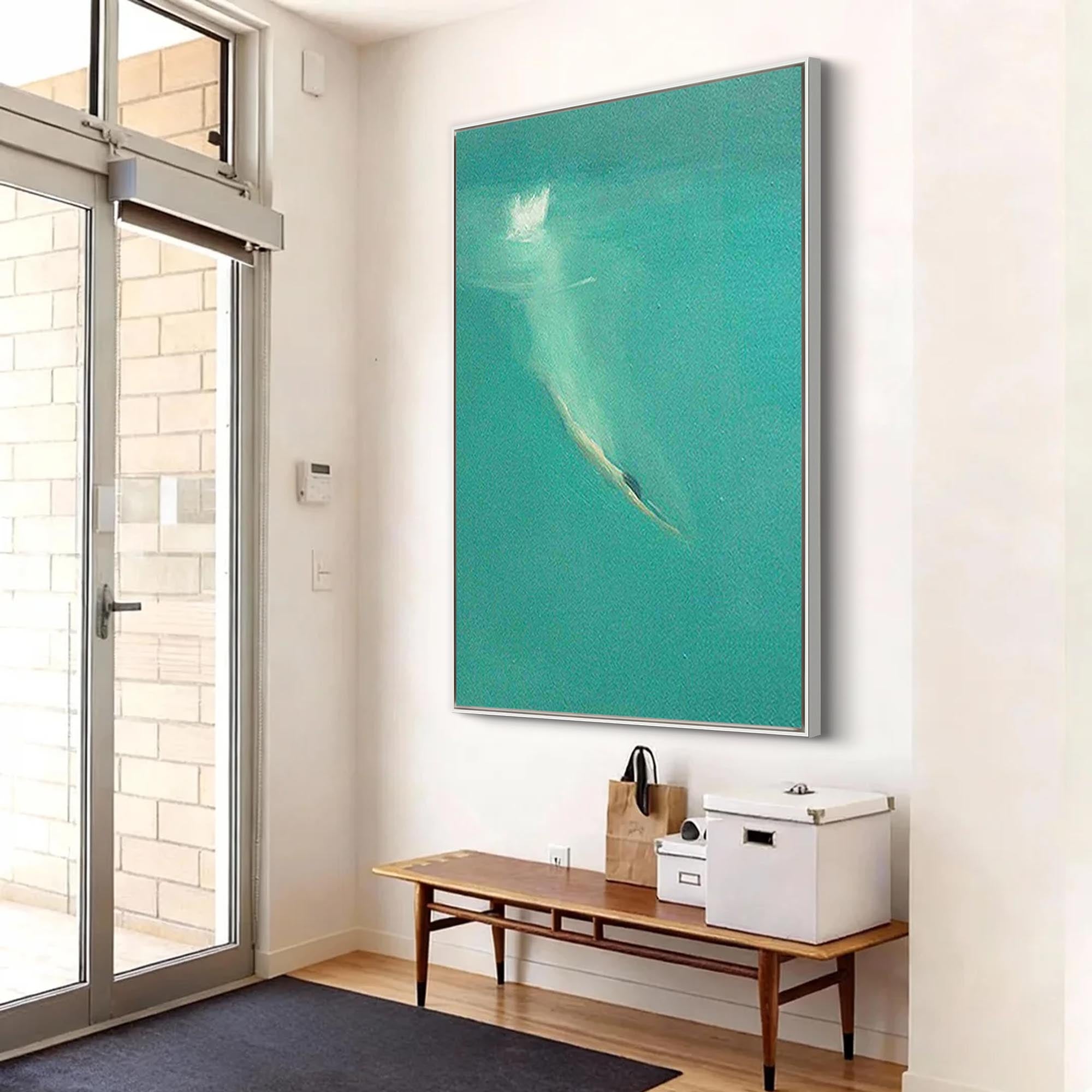 Summer Dive – Modern Minimalist Turquoise Ocean Diver Painting | Large Framed Canvas Hallway Art