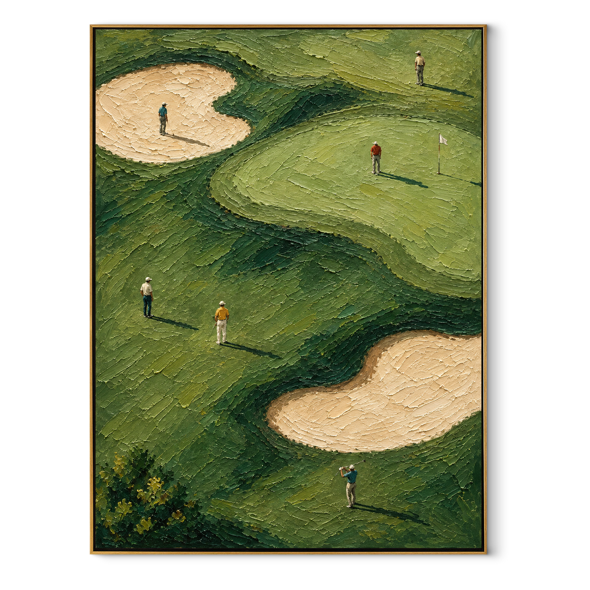Fairways Between Long Shadows – vertical golf course painting in a wood frame on white