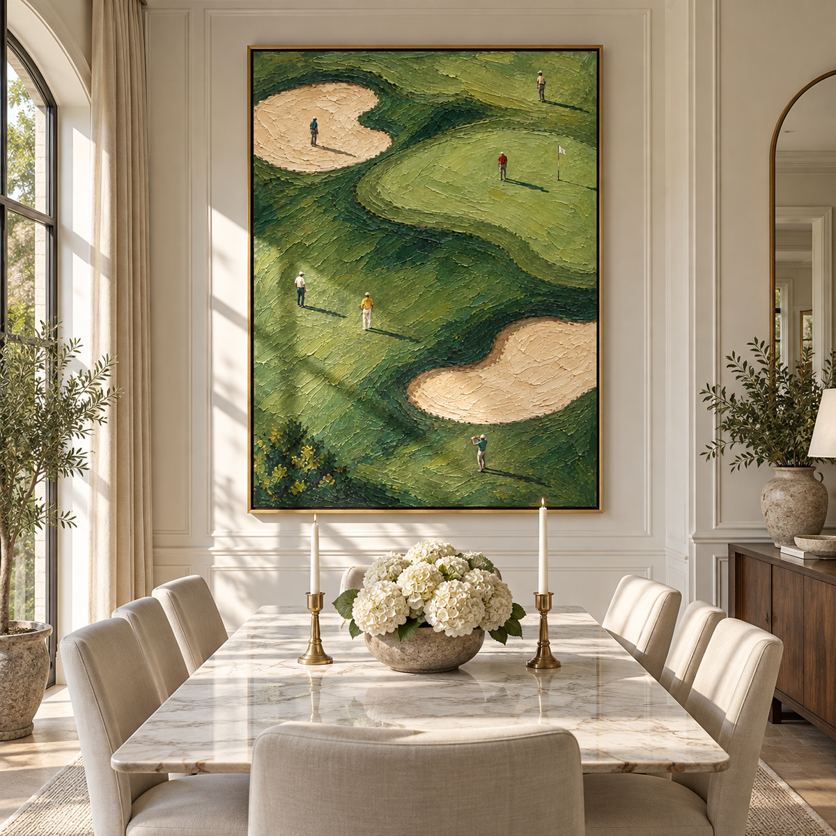 Fairways Between Long Shadows – textured golfer artwork shown in a home office setting