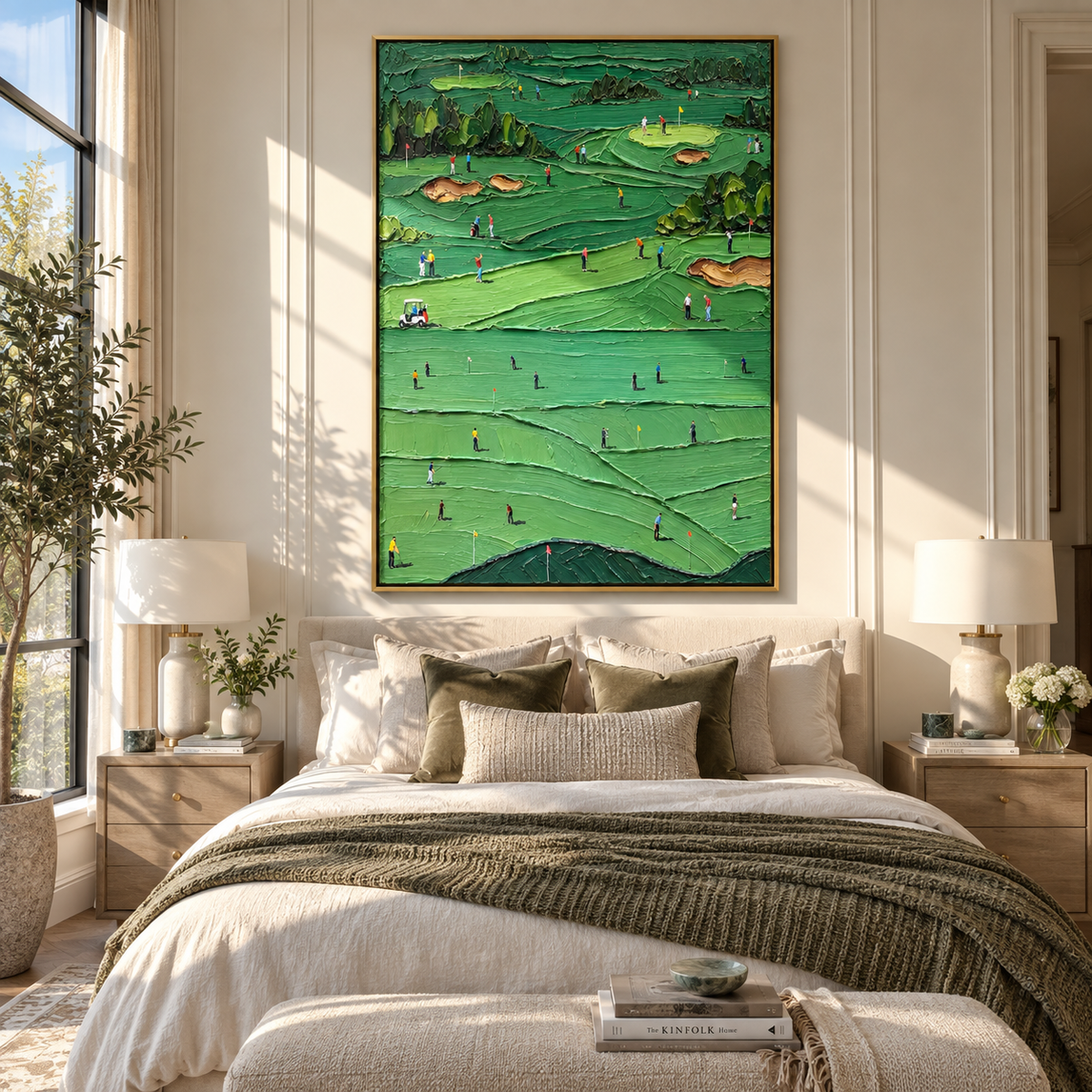 Many Games Across Green – green textured golf painting displayed in a modern interior