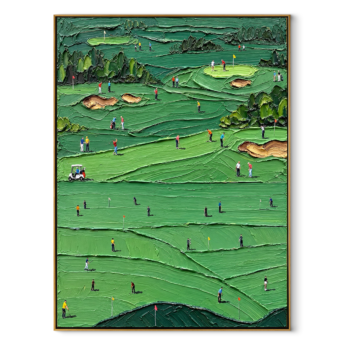Many Games Across Green – vertical golf course painting in a wood frame on white