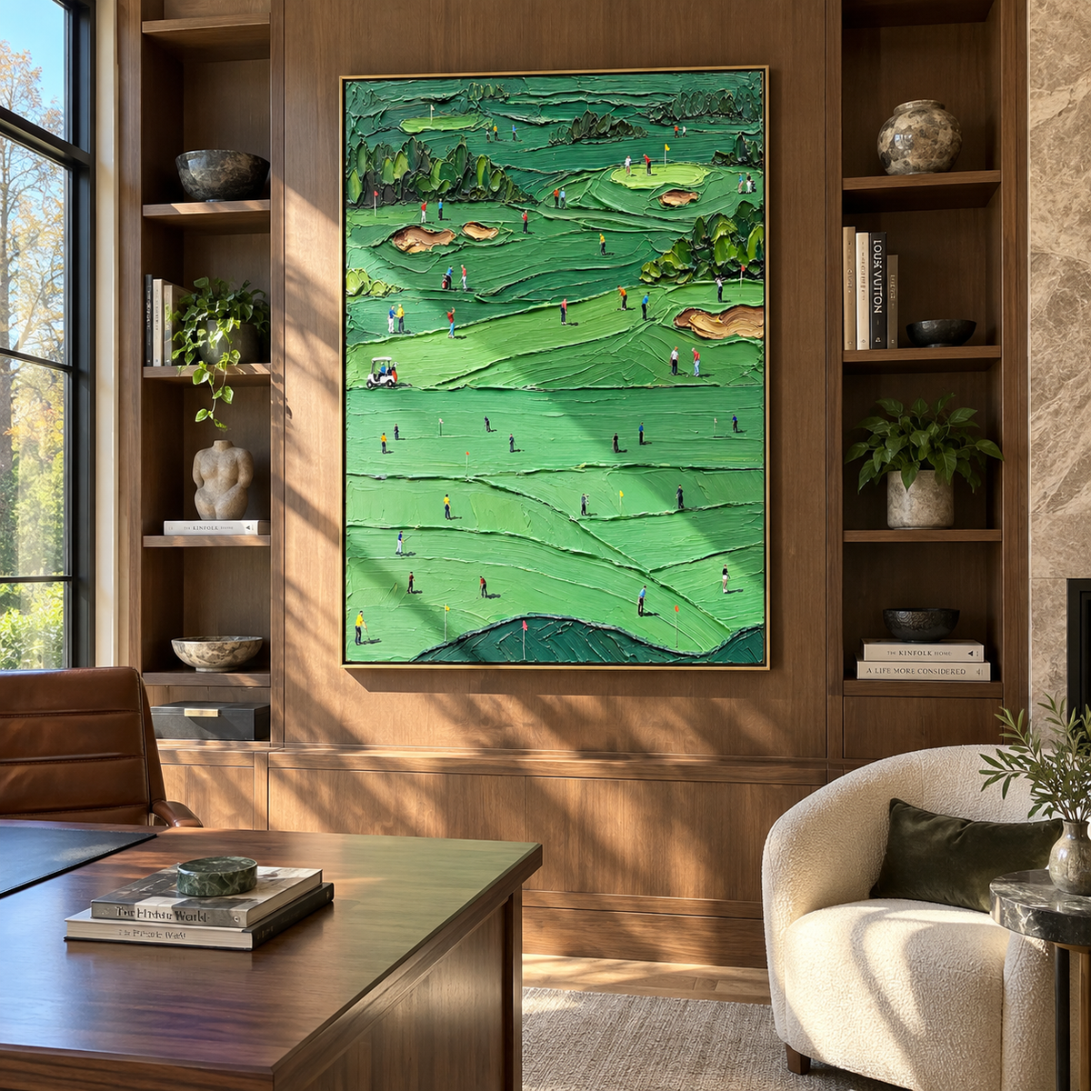 Many Games Across Green – textured golfer artwork shown in a home office setting
